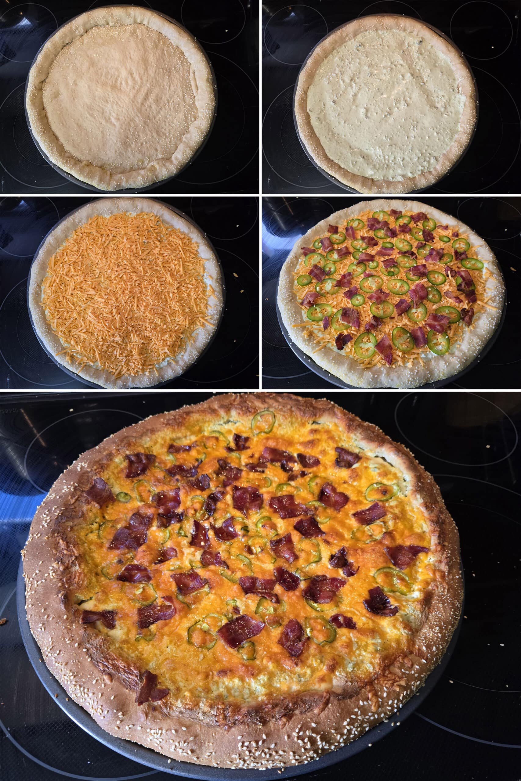 5 part image showing the jalapeno sauce being spread on the prepared pizza crust, topped with cheese, bacon, and jalapeno slices, then baked.