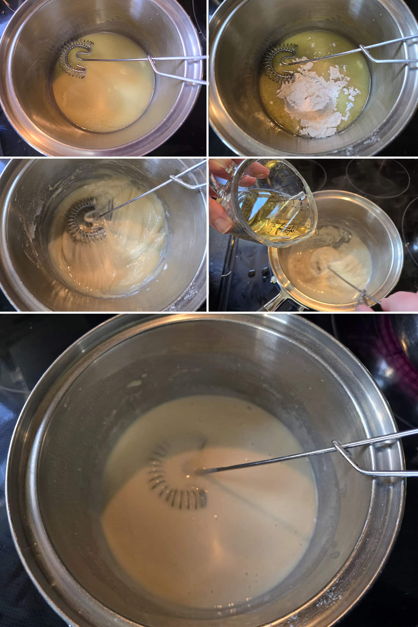 5 part image showing the roux being made for the buffalo cheese sauce.