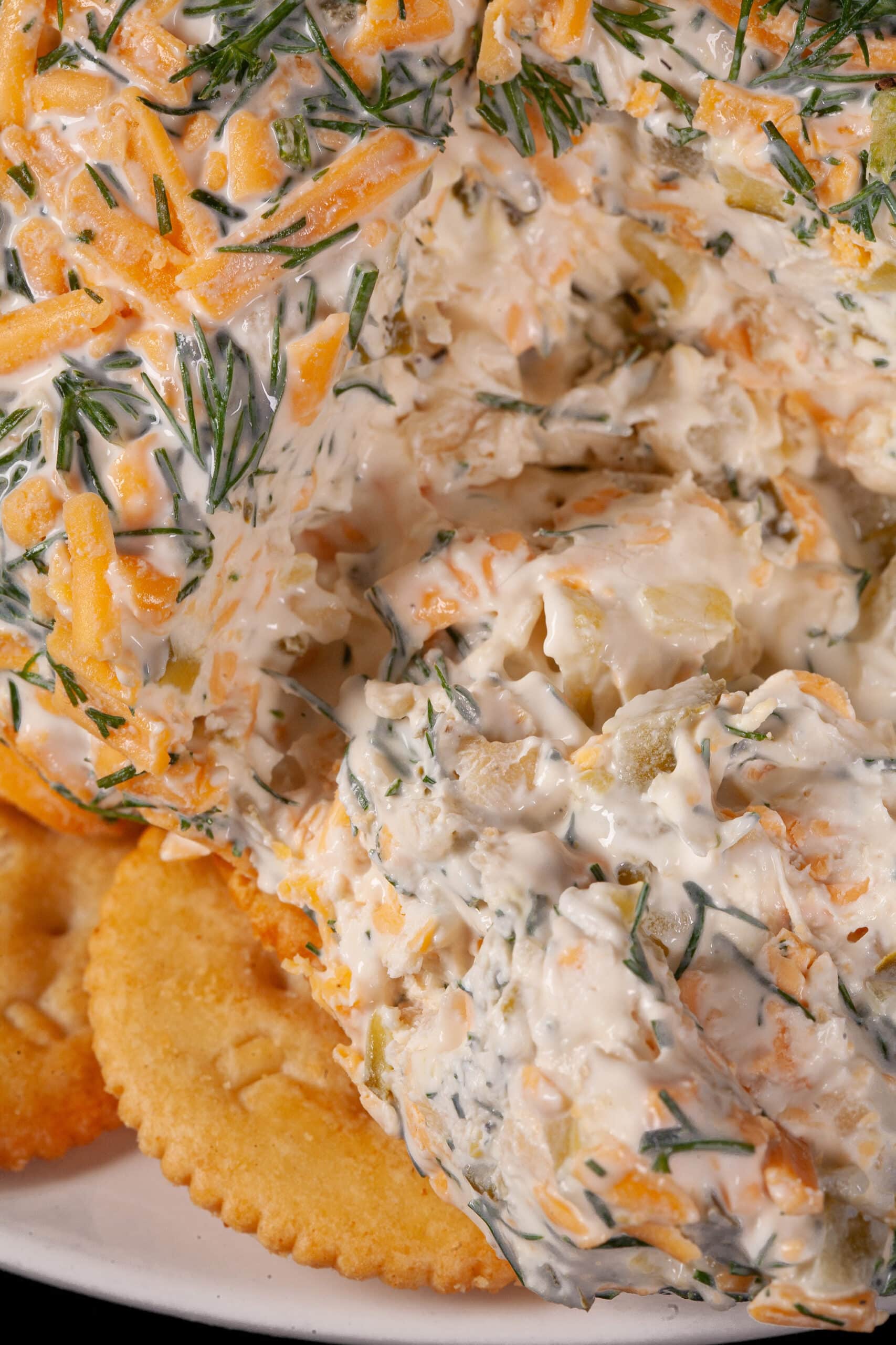 A round, cheese and dill covered dill pickle cheese ball on a plate with Ritz crackers.