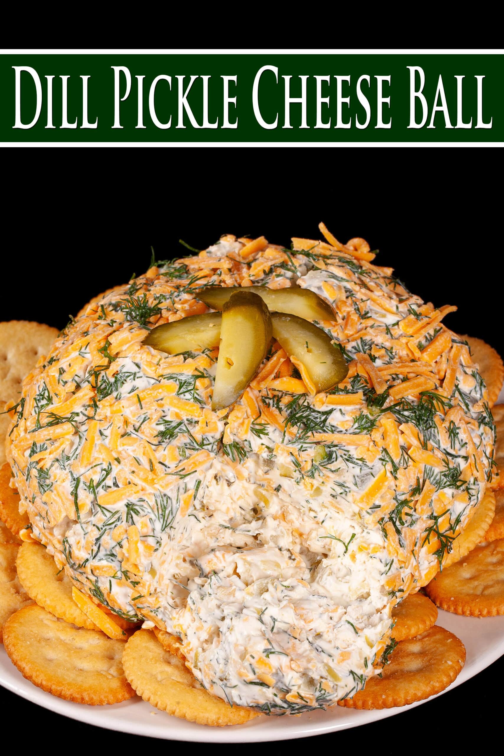 A round, cheese and dill covered dill pickle cheese ball on a plate with Ritz crackers. Overlaid text says dill pickle cheese ball.