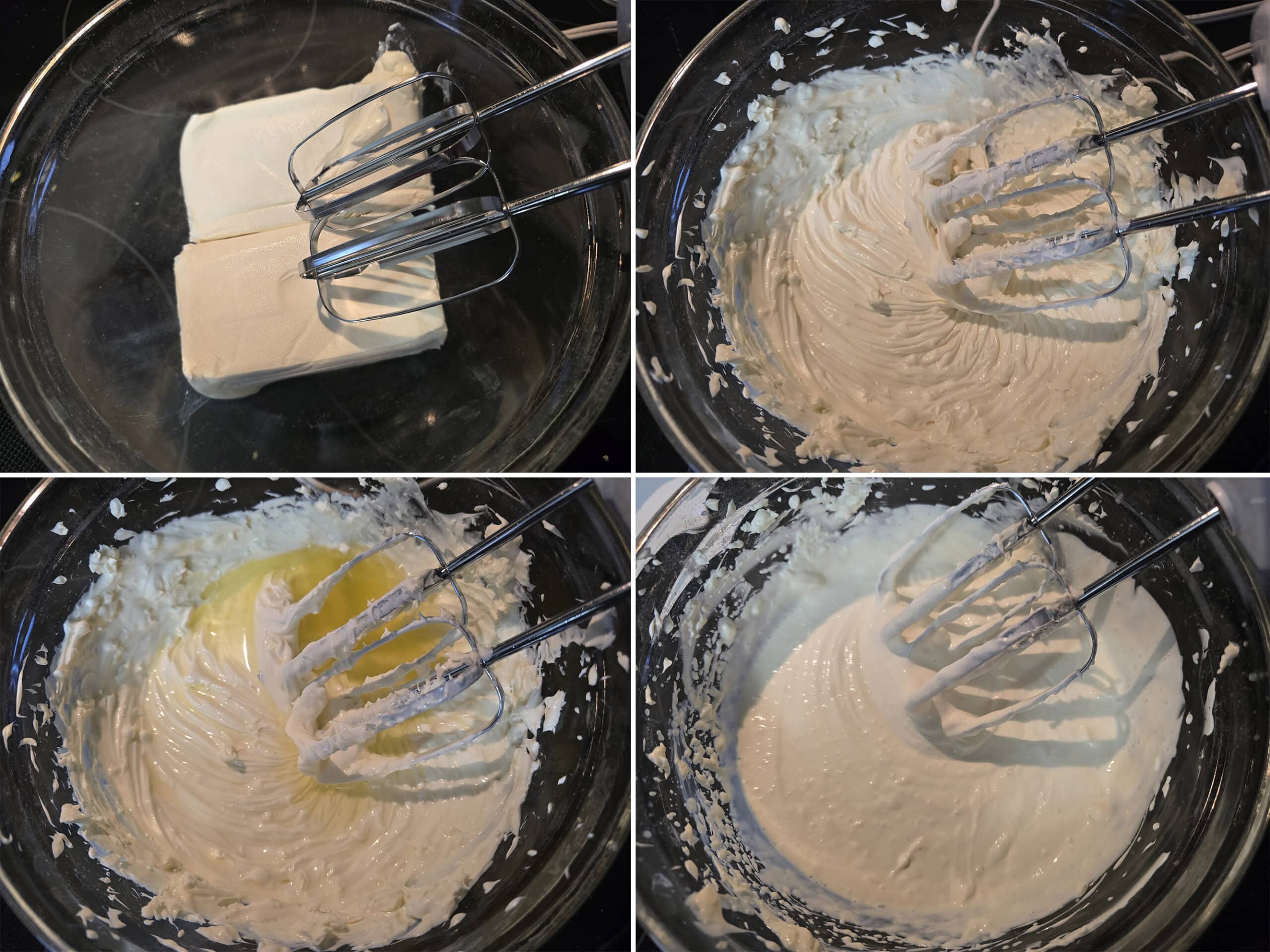 4 part image showing cream cheese being beaten smooth, the pickle brine being beaten in.