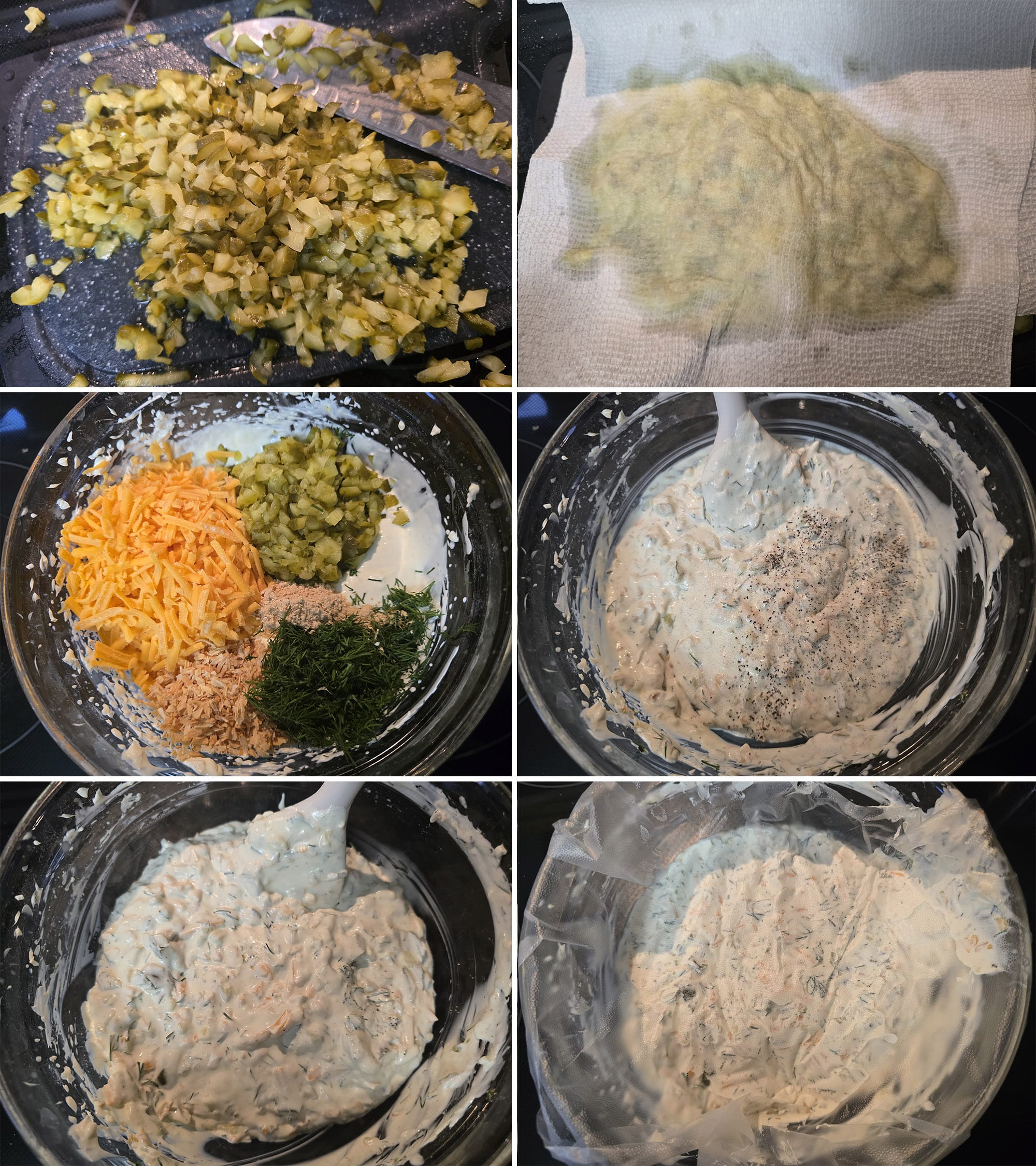 6 part image showing pickles being chopped and blotted with paper towels, then mixed with the rest of the ingredients and covered with plastic wrap.