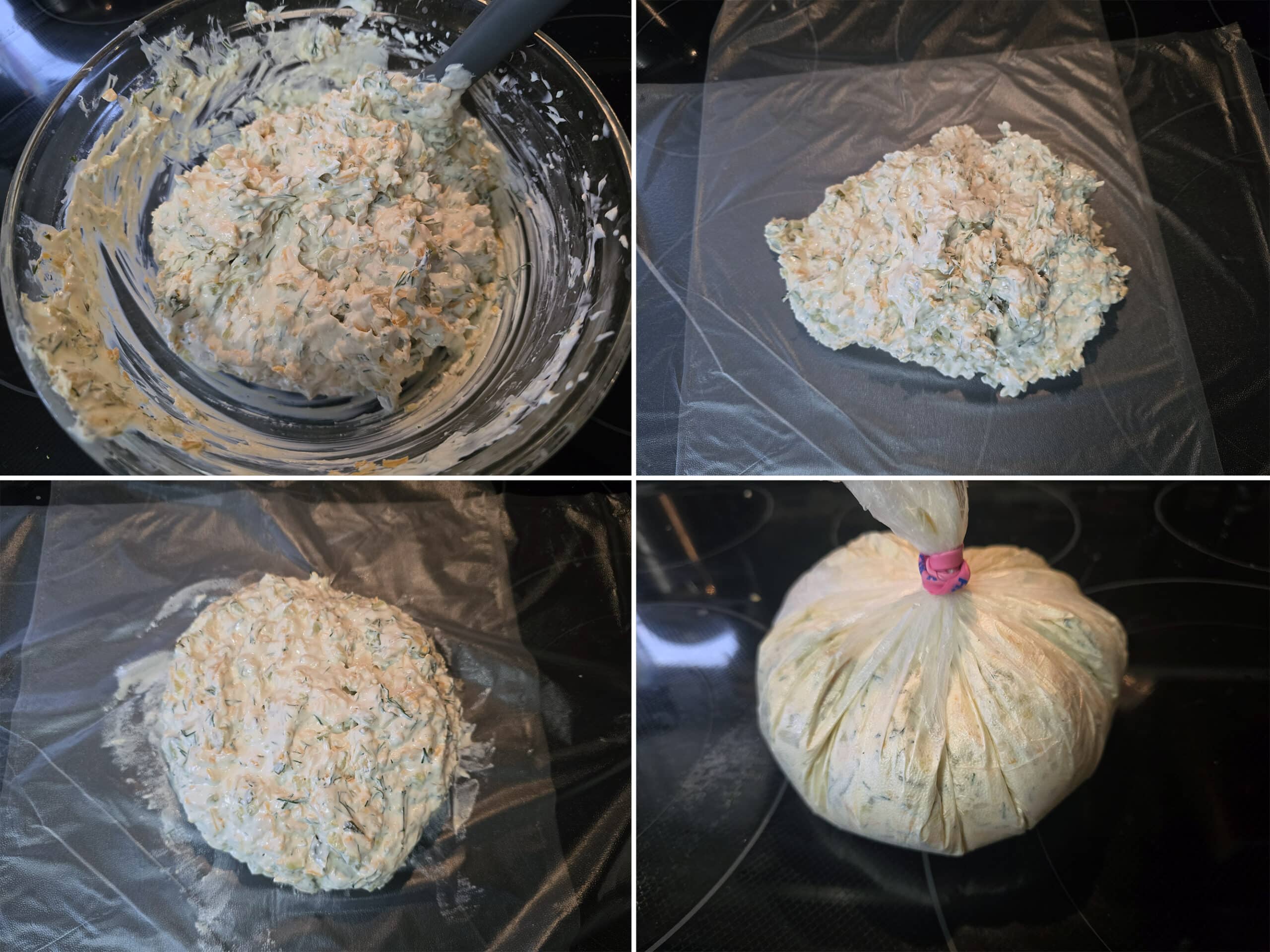 4 part image showing the chilled pickle cheese mixture being gathered into a ball on plastic wrap, then wrapped and secured with an elastic.
