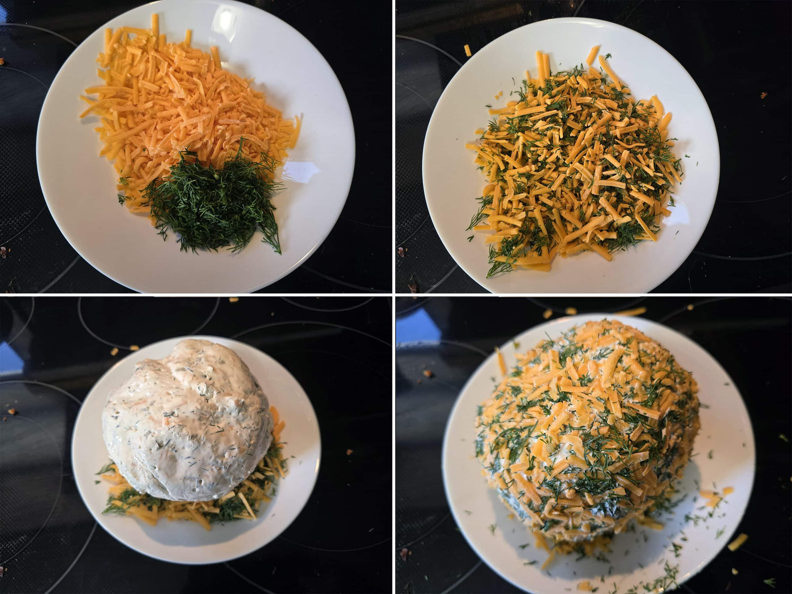 4 part image showing cheese and fresh dill being mixed in a bowl, then the chilled cheese ball being rolled in it.