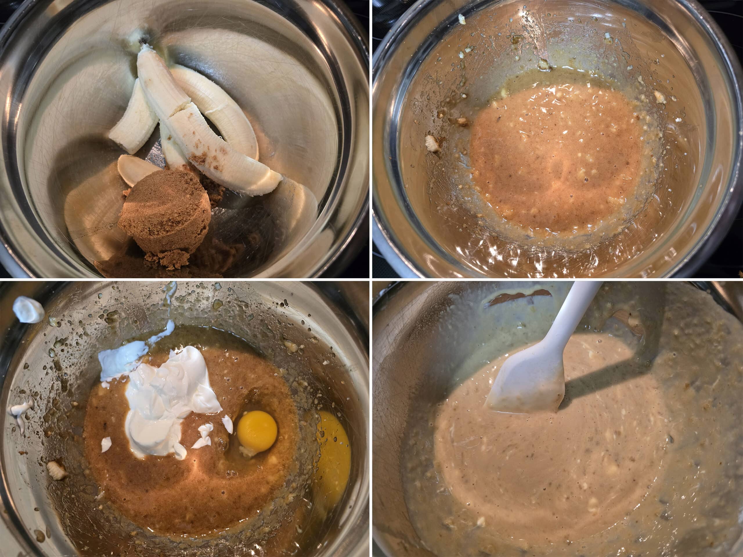 4 part image showing bananas and brown sugar being mashed together, then the rest of the wet ingredient mixed in.