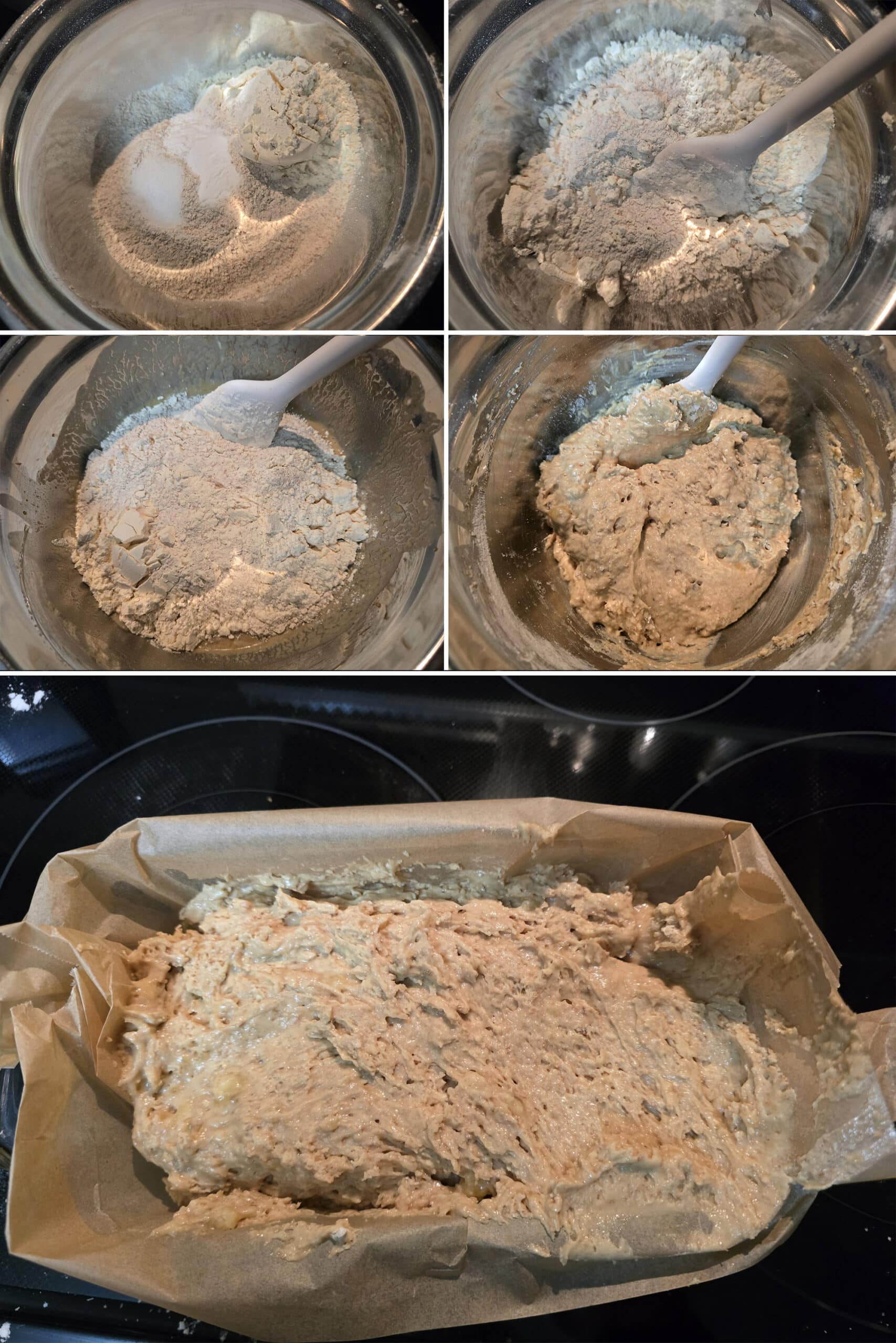 5 part image showing the dry ingredients added to the banana mix, stirred together, and spread in a loaf pan.