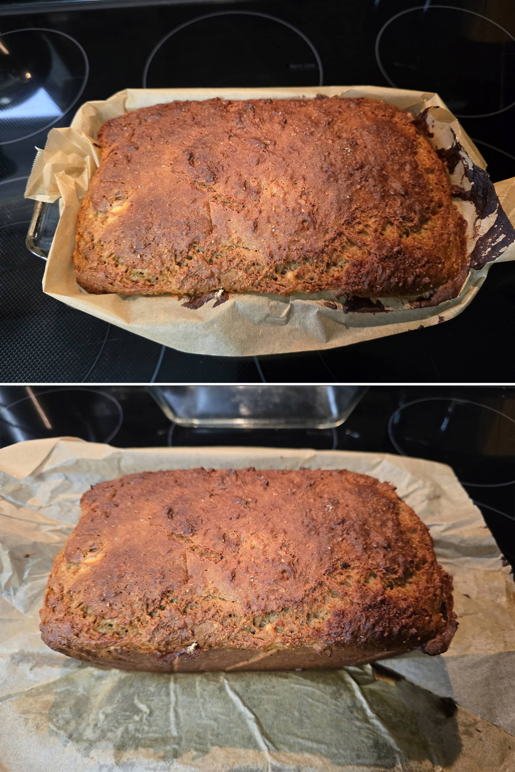 2 part image showing a baked loaf of protein banana bread before and after being removed from the loaf pan.
