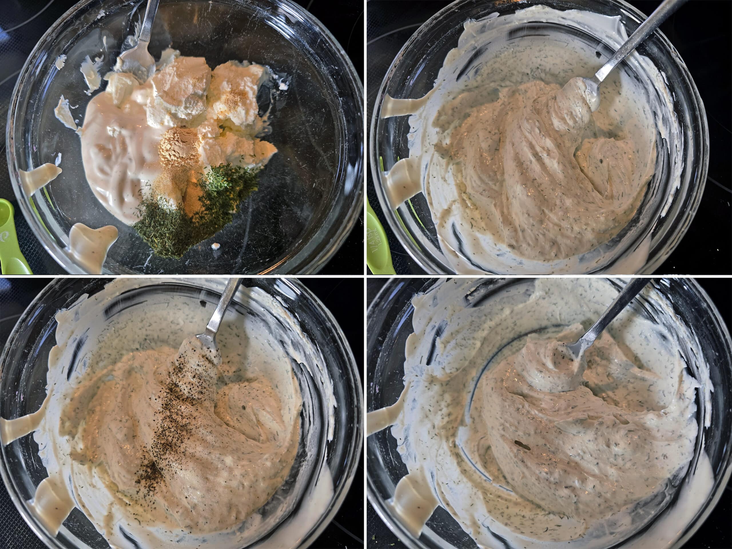 4 part image showing the ingredients for the ranch flavoured sour cream being mixed together and seasoned with salt and pepper.