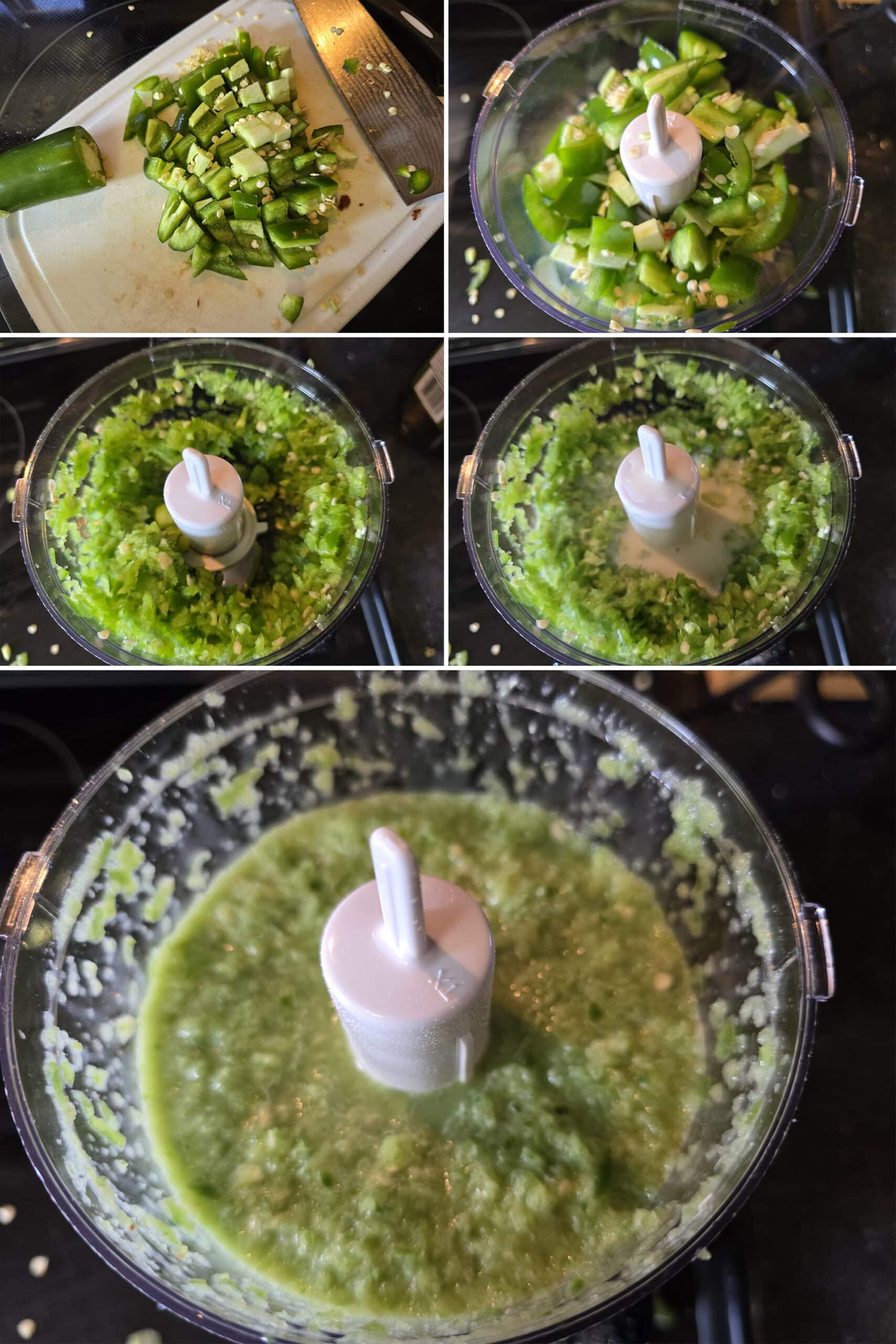 5 part image showing jalapenos being chopped, processed in a food processor, then blended with milk.