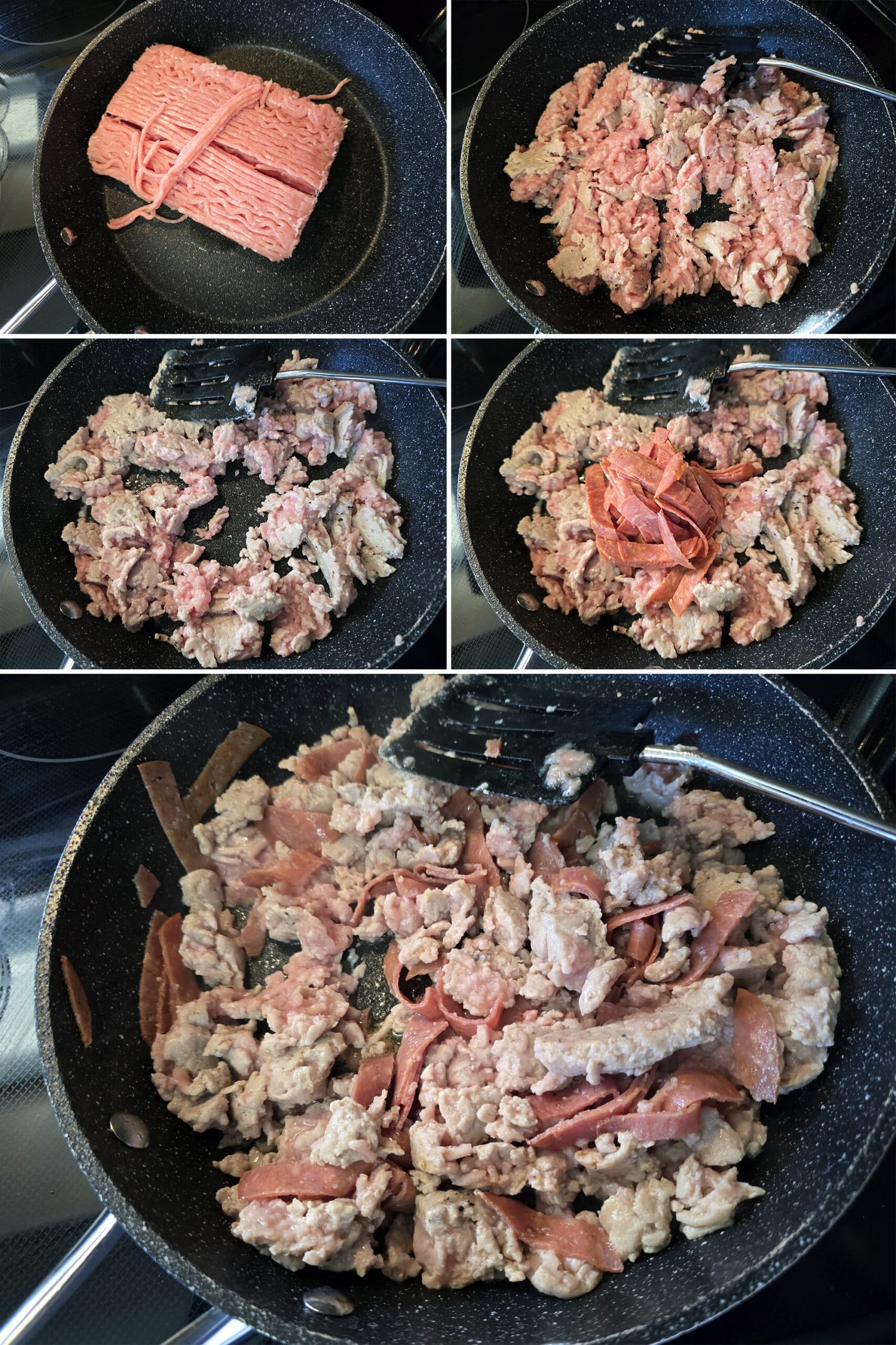 5 part image showing ground beef being browned, then strips of pepperoni stirred in and cooked.