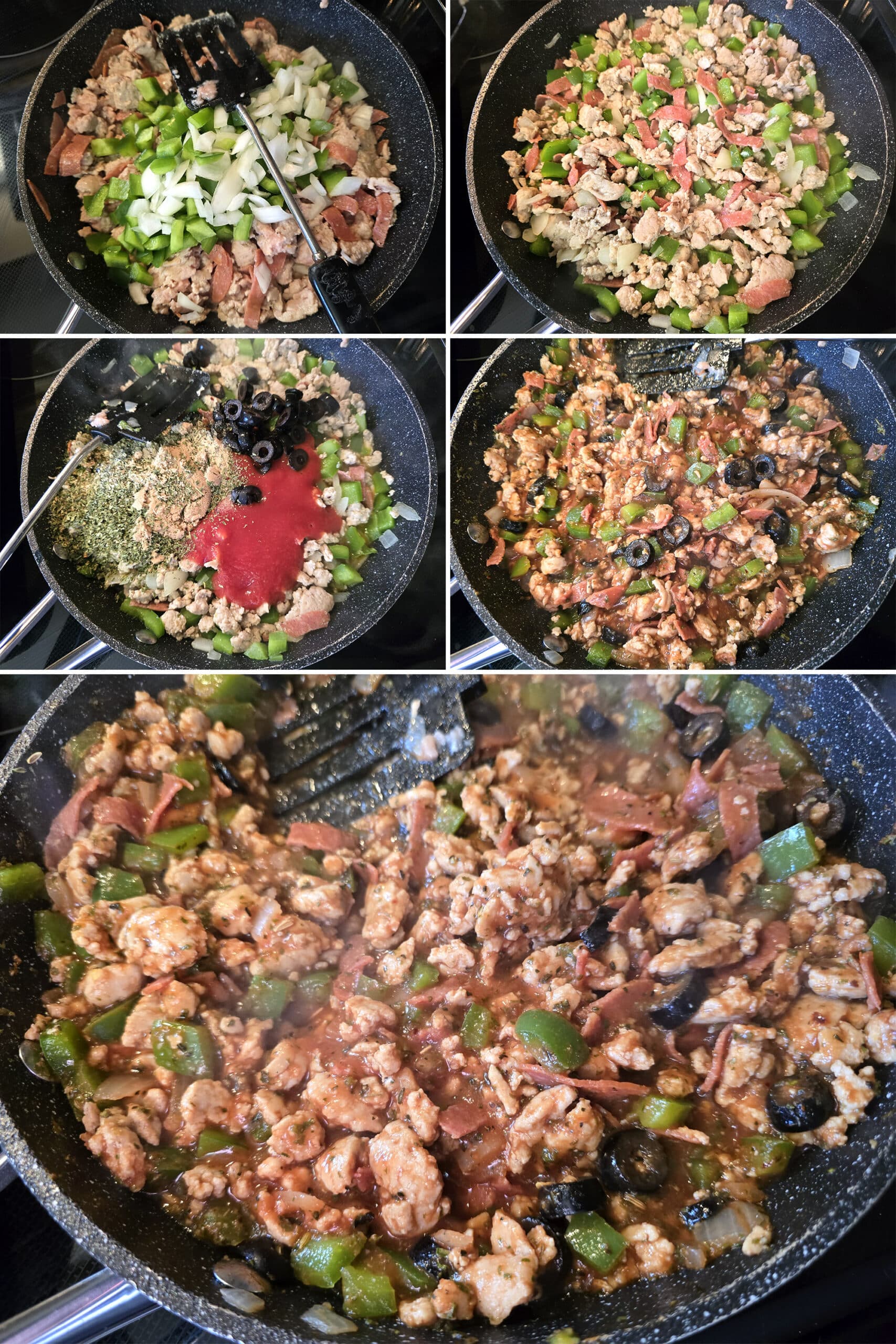 5 part image showing the remaining ingredients being added to the pan in batches, ending with the finished Pizza Sloppy Joes mix.
