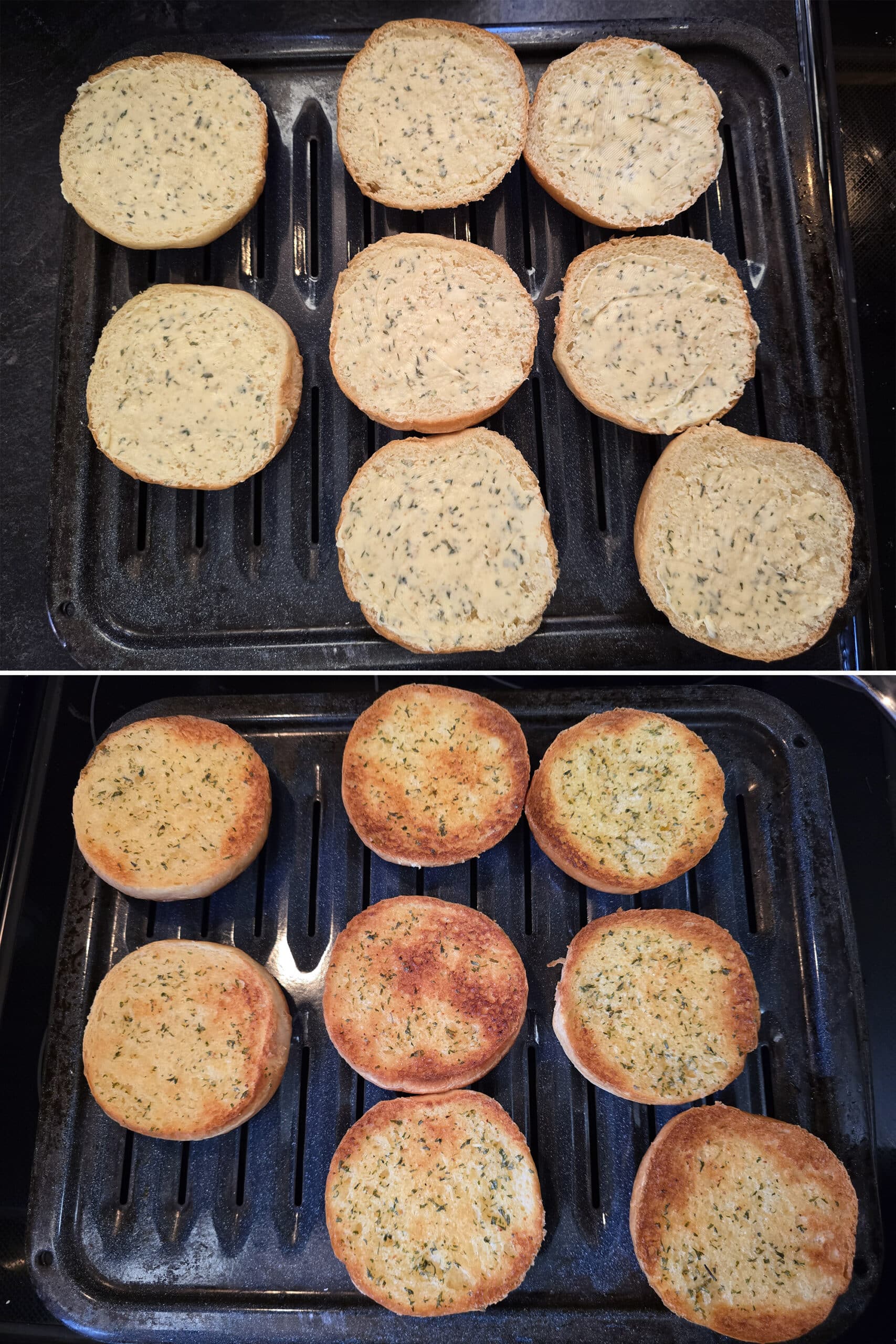 2 part image showing buns being spread with garlic butter and broiled.