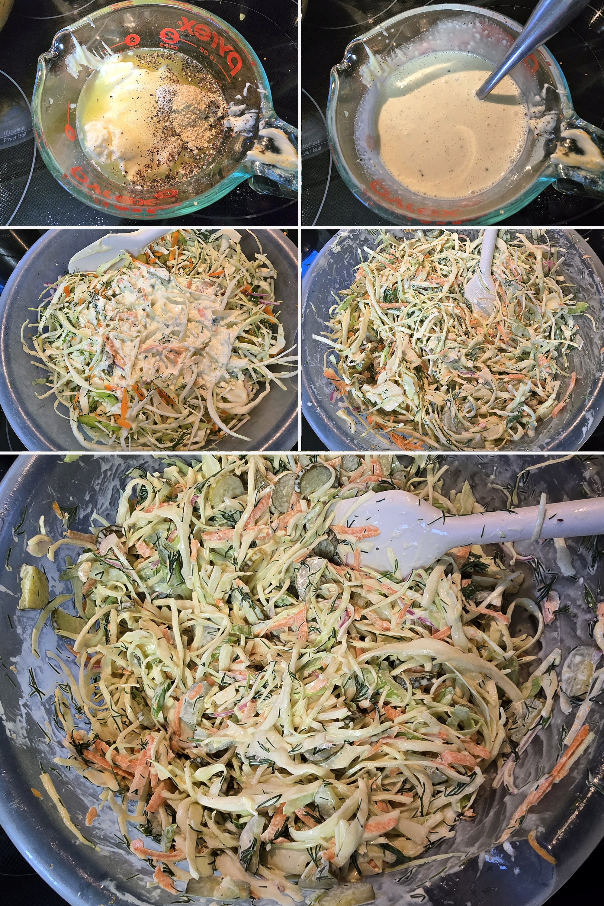 5 part image showing the pickle dressing being mixed and stirred into the prepared coleslaw vegetables.