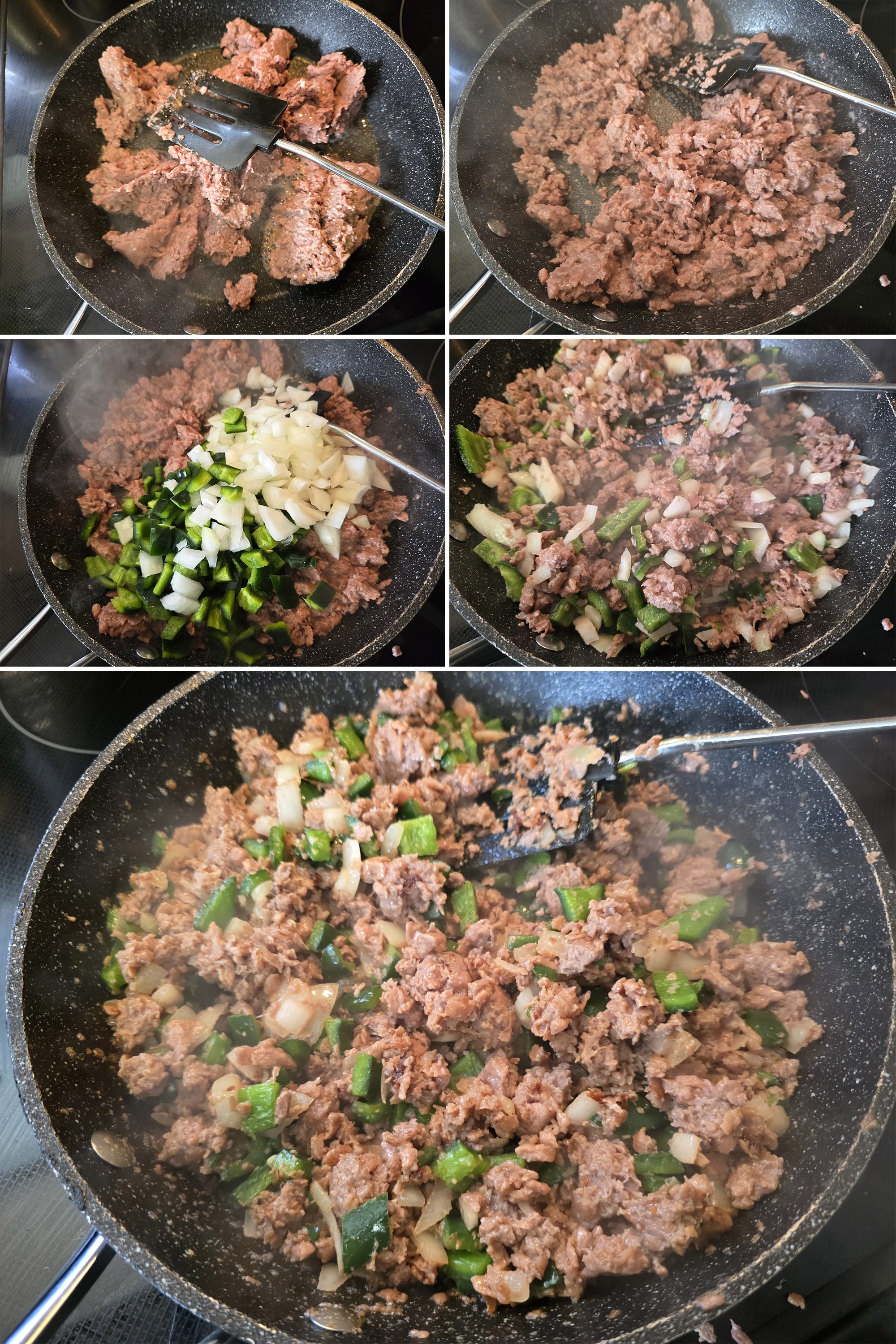 5 part image showing ground beef being cooked in a pan, then peppers and onions stirred in and cooked down.