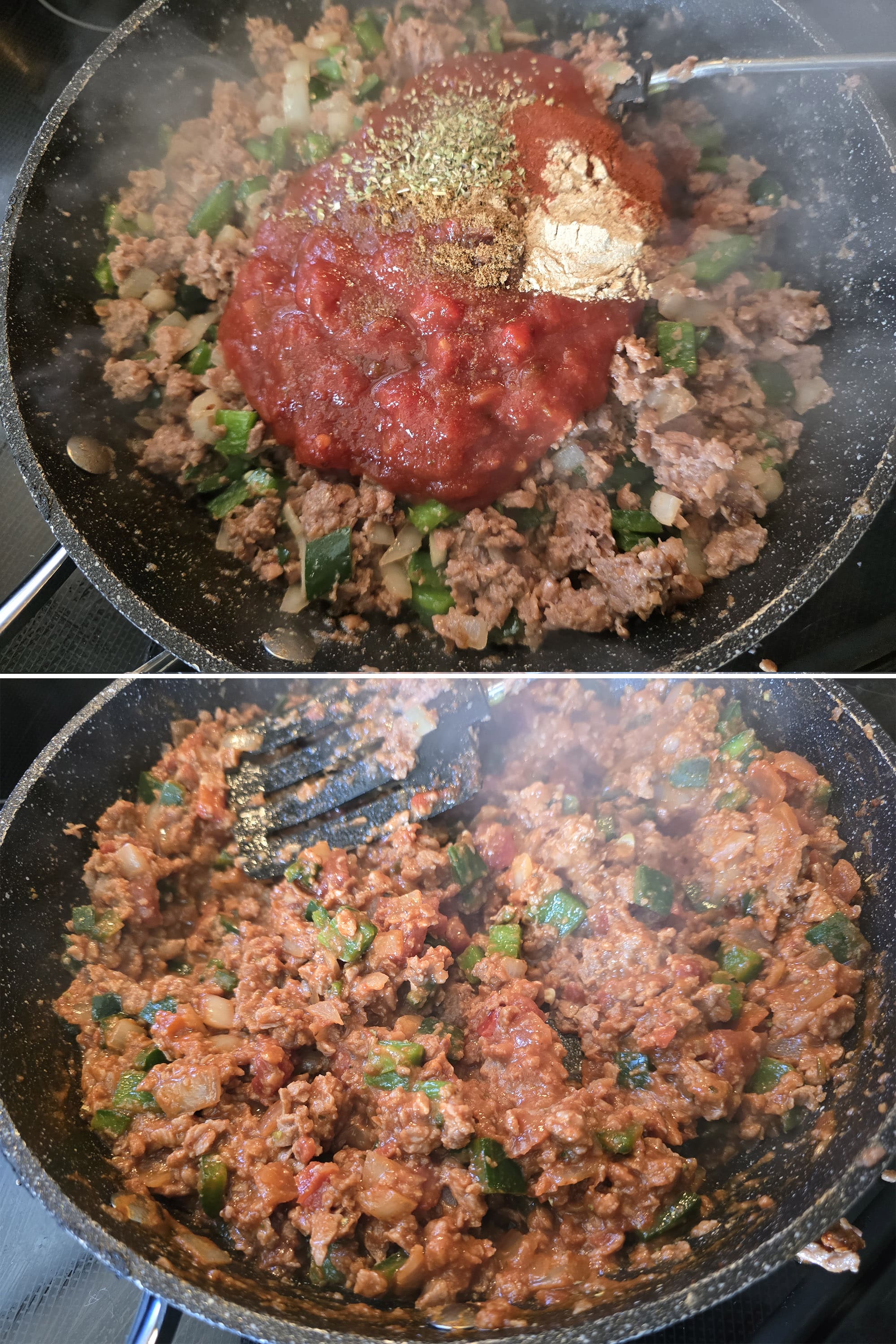 2 part image showing the salsa and seasonings being added to the pan of meat and peppers.