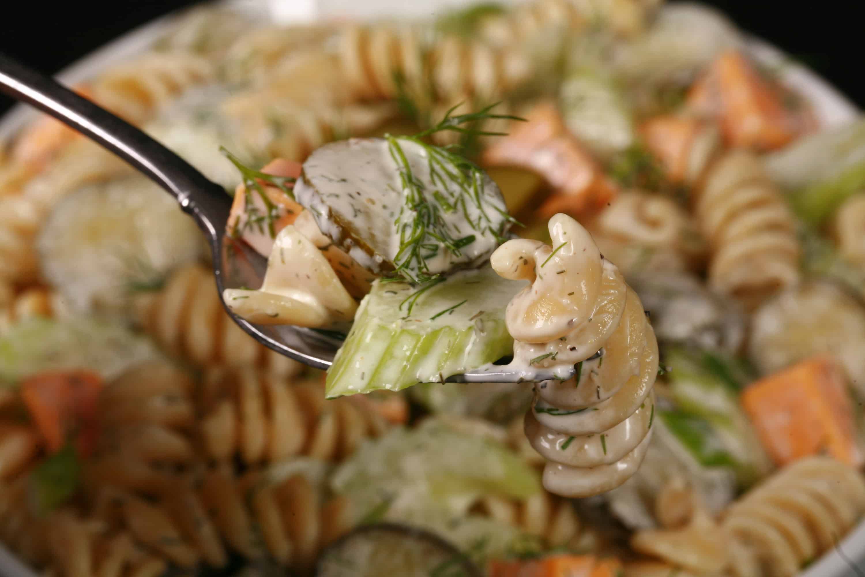 A bowl of dill pickle pasta salad, with slices of pickles, green onion, and celery, fresh dill, and cubes of cheese in a creamy sauce.
