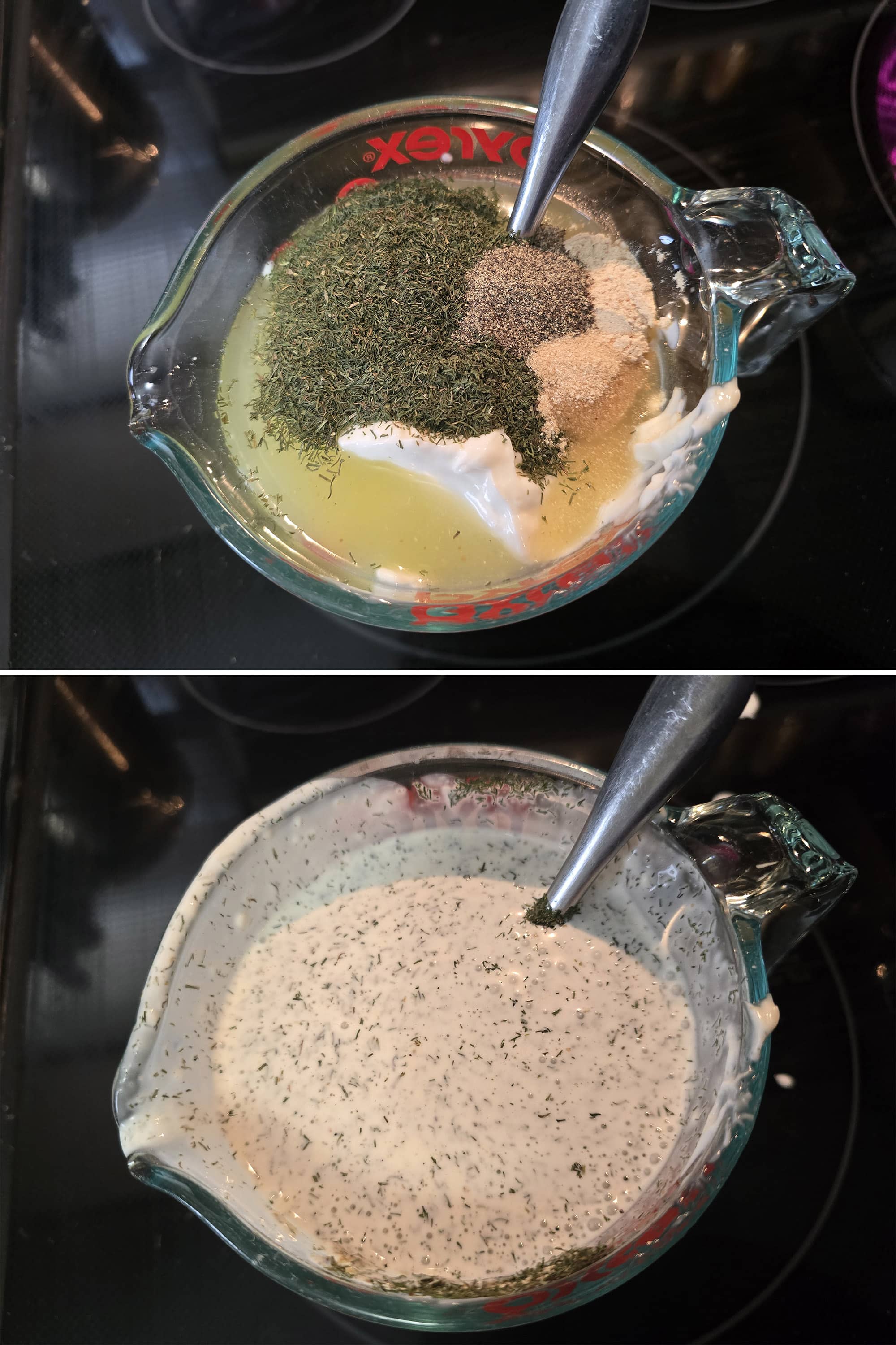 2 part image showing a creamy dill pickle dressing being mixed in a measuring glass.