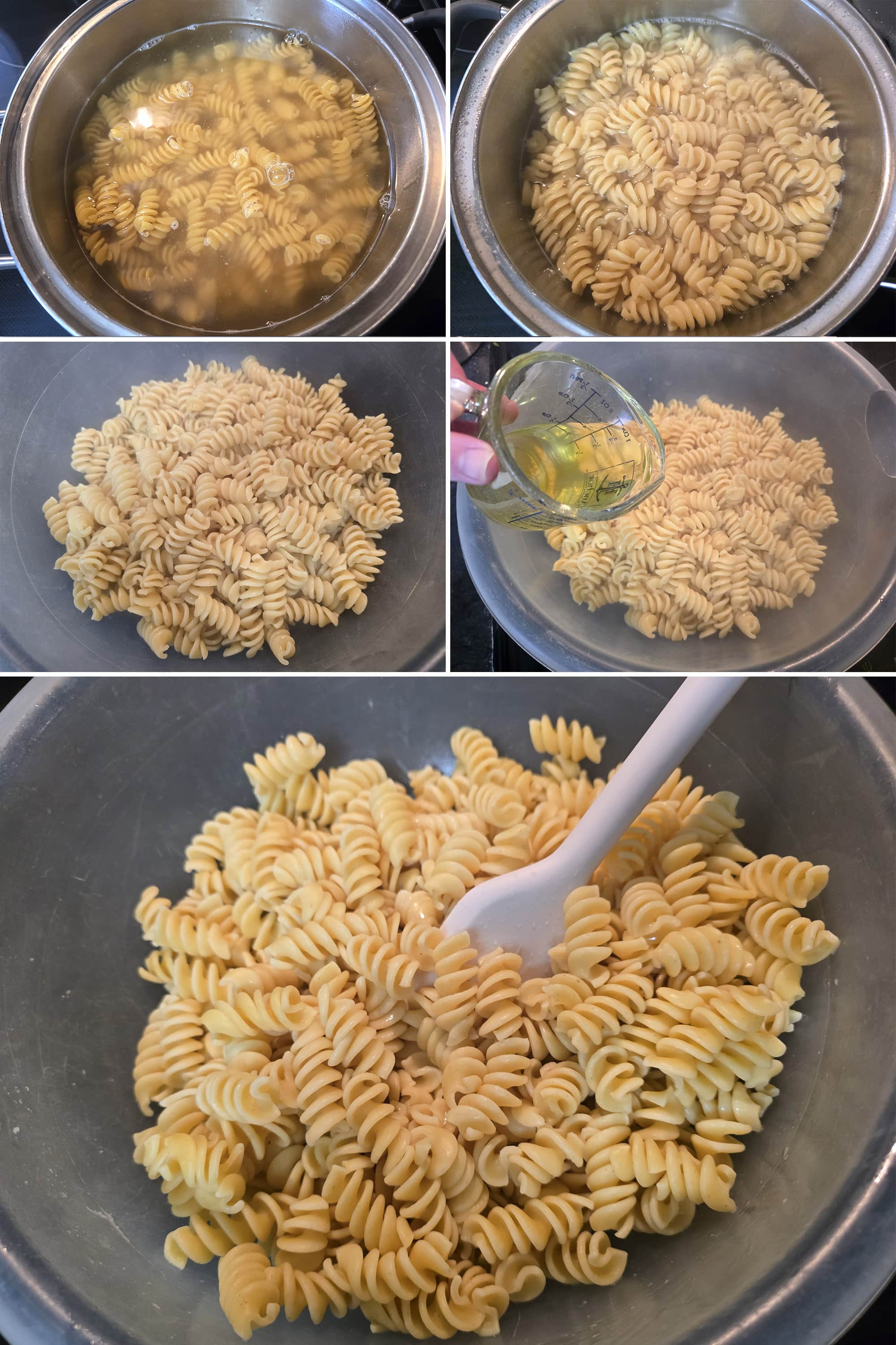 5 part image showing rotini pasta being cooked, drained, and mixed with dill pickle juice.