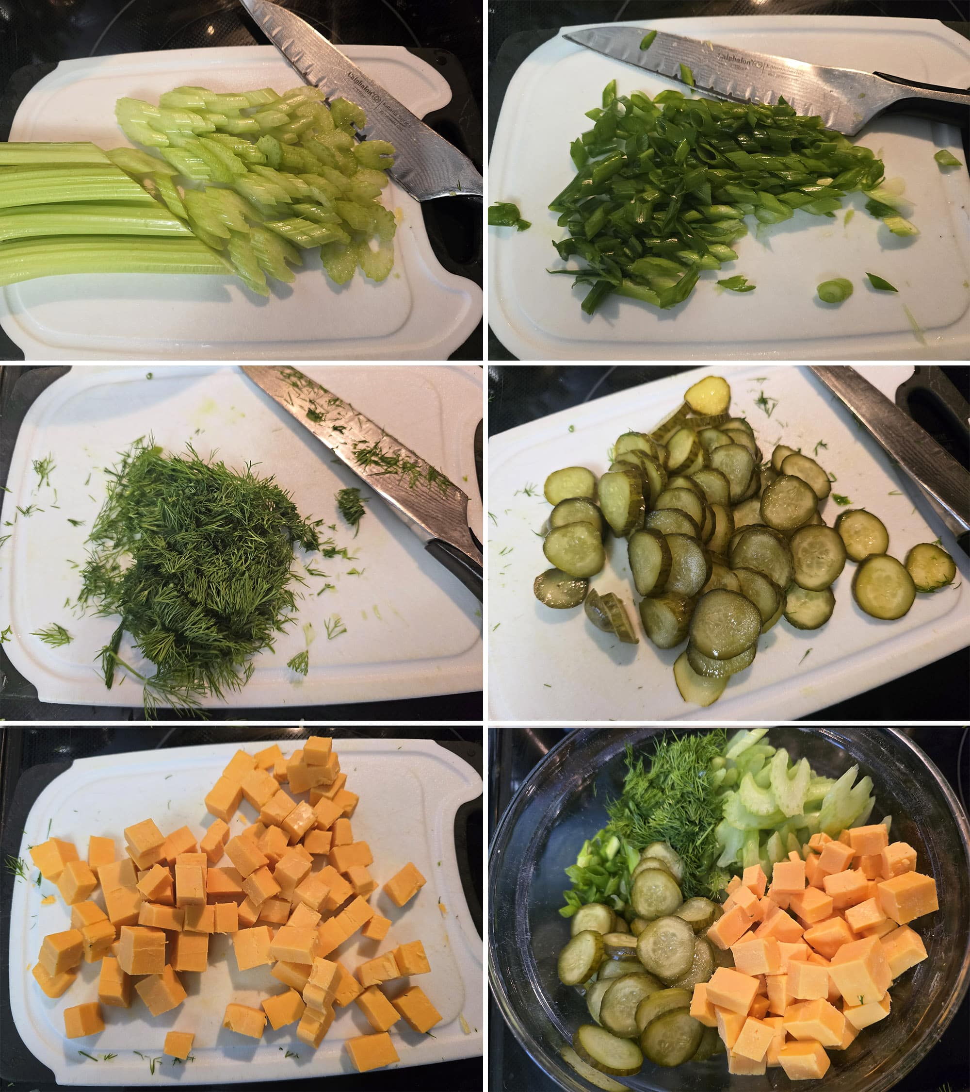 6 part image showing the celery, dill, green onions, pickles, and cheese being prepared, then added to a bowl.