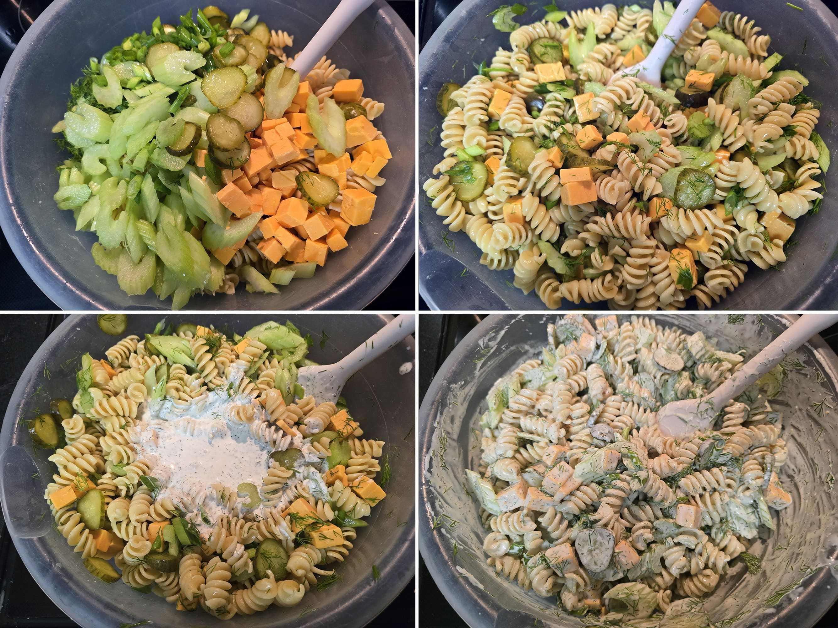 4 part image showing the veggies, dill, pickles, cheese, and dressing being mixed into the pickle marinated pasta.