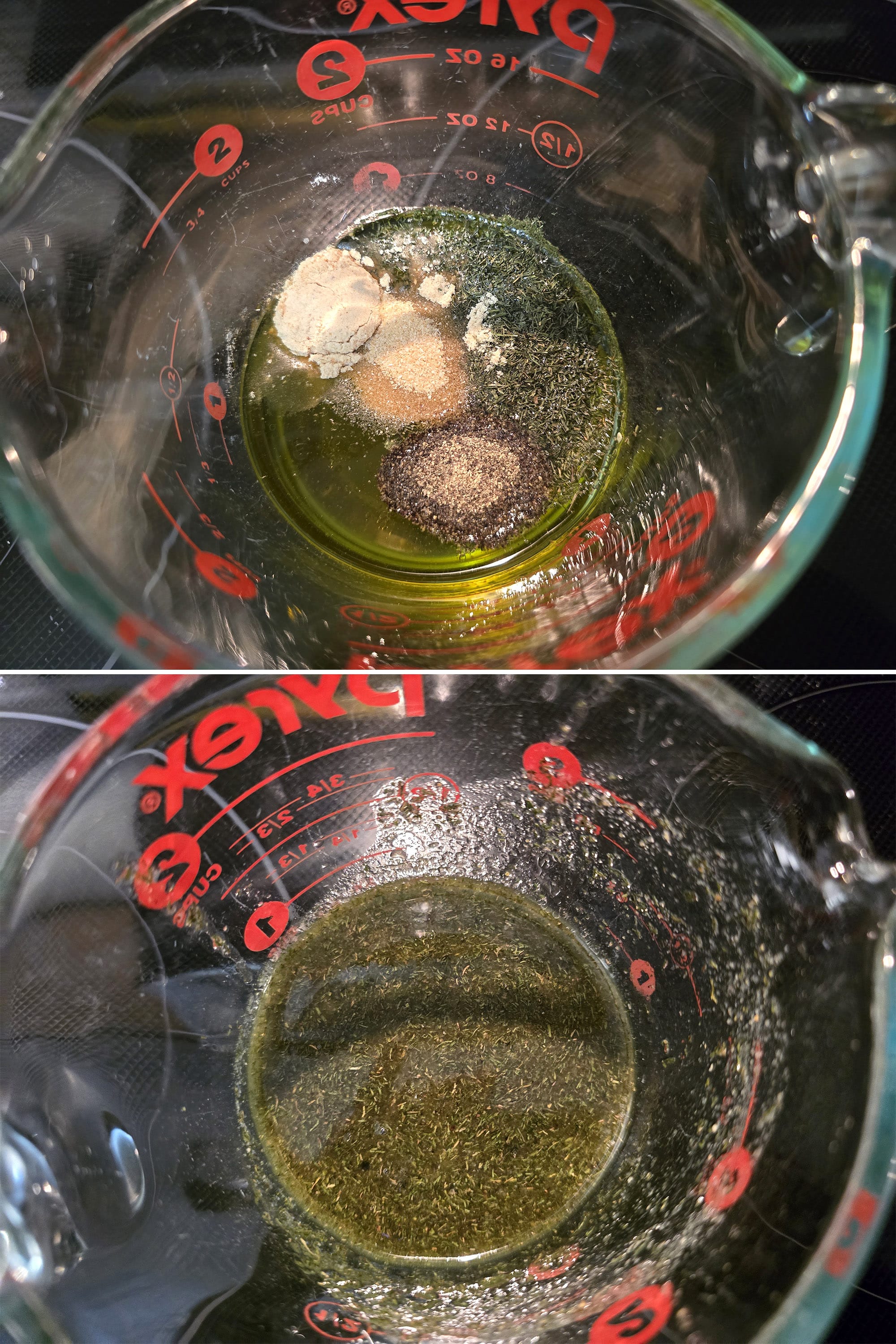 2 part image showing the dill pickle marinade being mixed in a glass measuring cup.