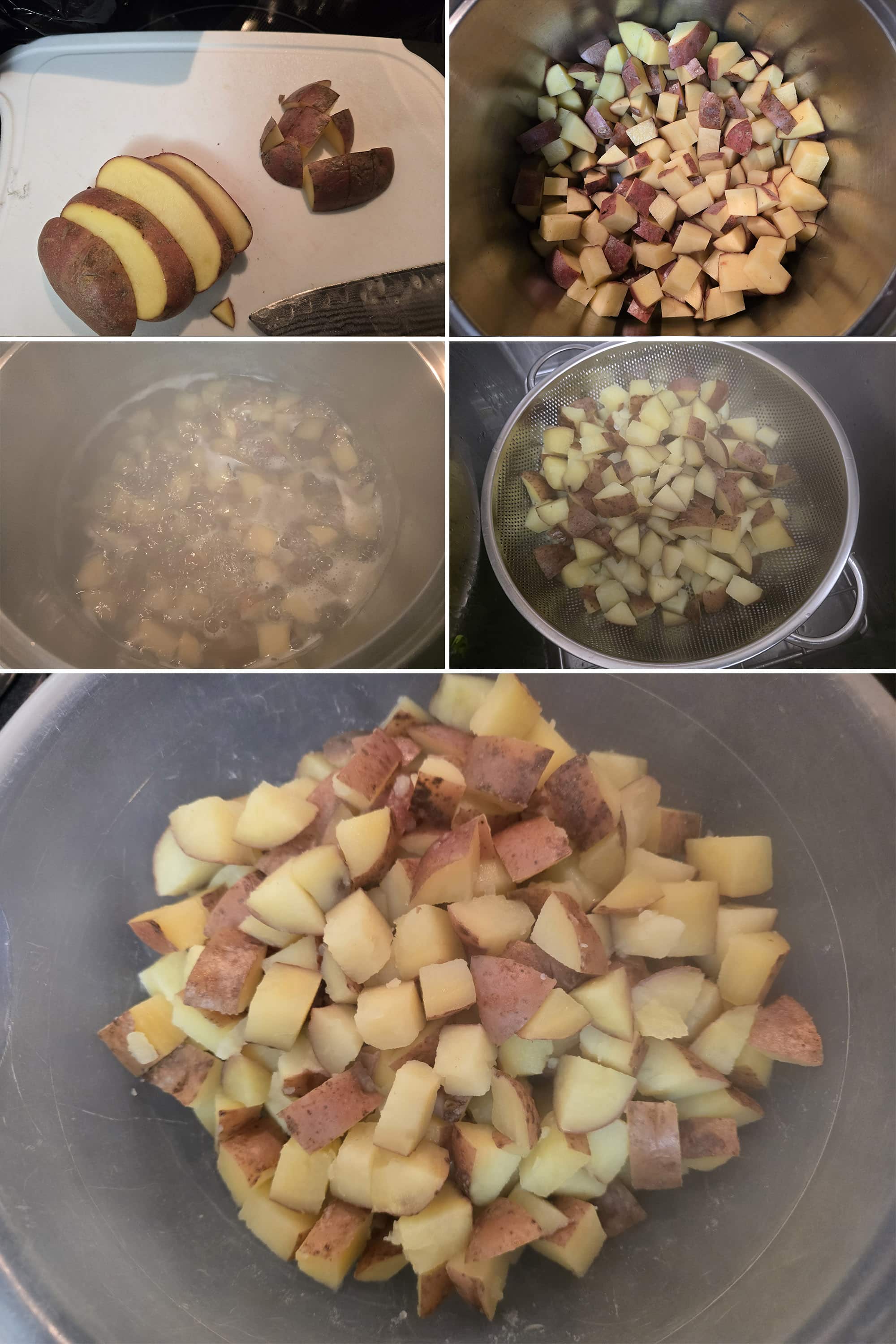 5 part image showing red potatoes being chopped, boiled, drained, and put into a large bowl.