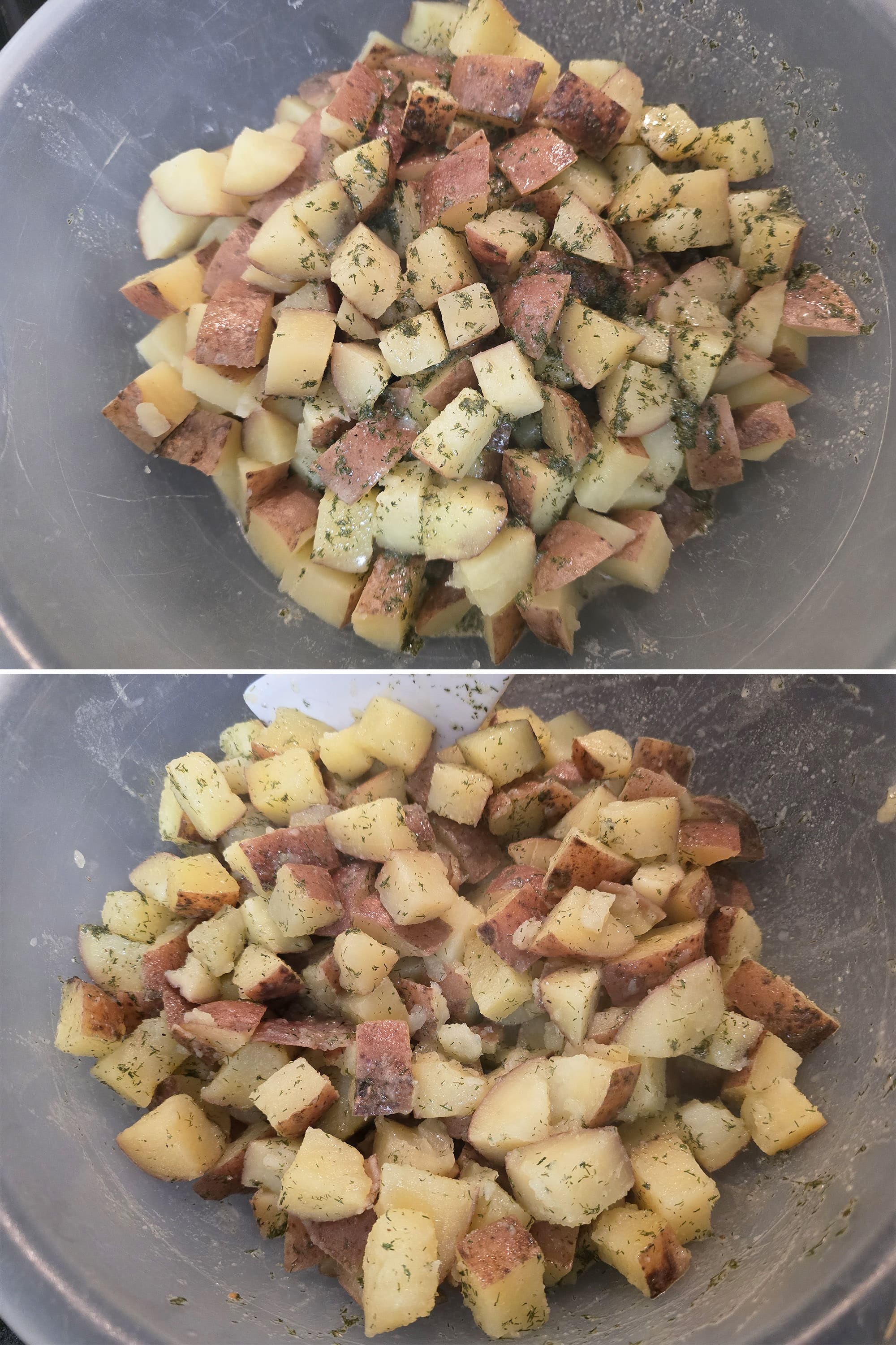 2 part image showing the dill pickle marinade being stirred into the hot potatoes.