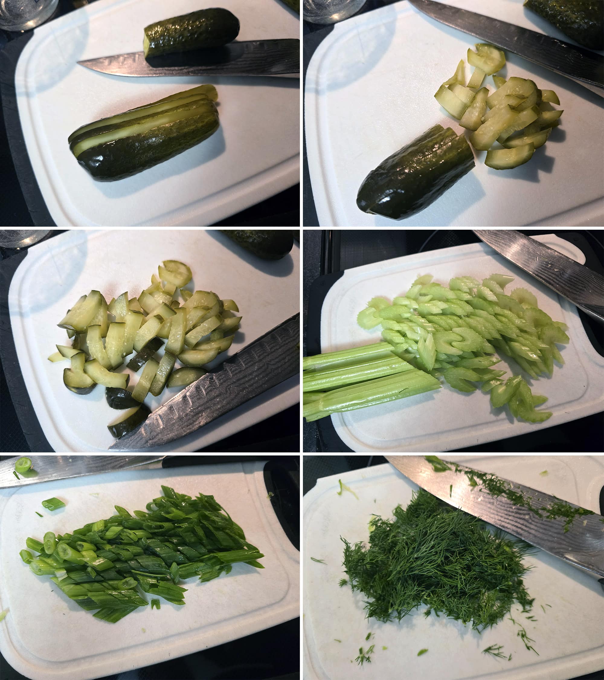 6 part image showing dill pickles, celery, green onions, and dill being prepared for the dill pickle potato salad.