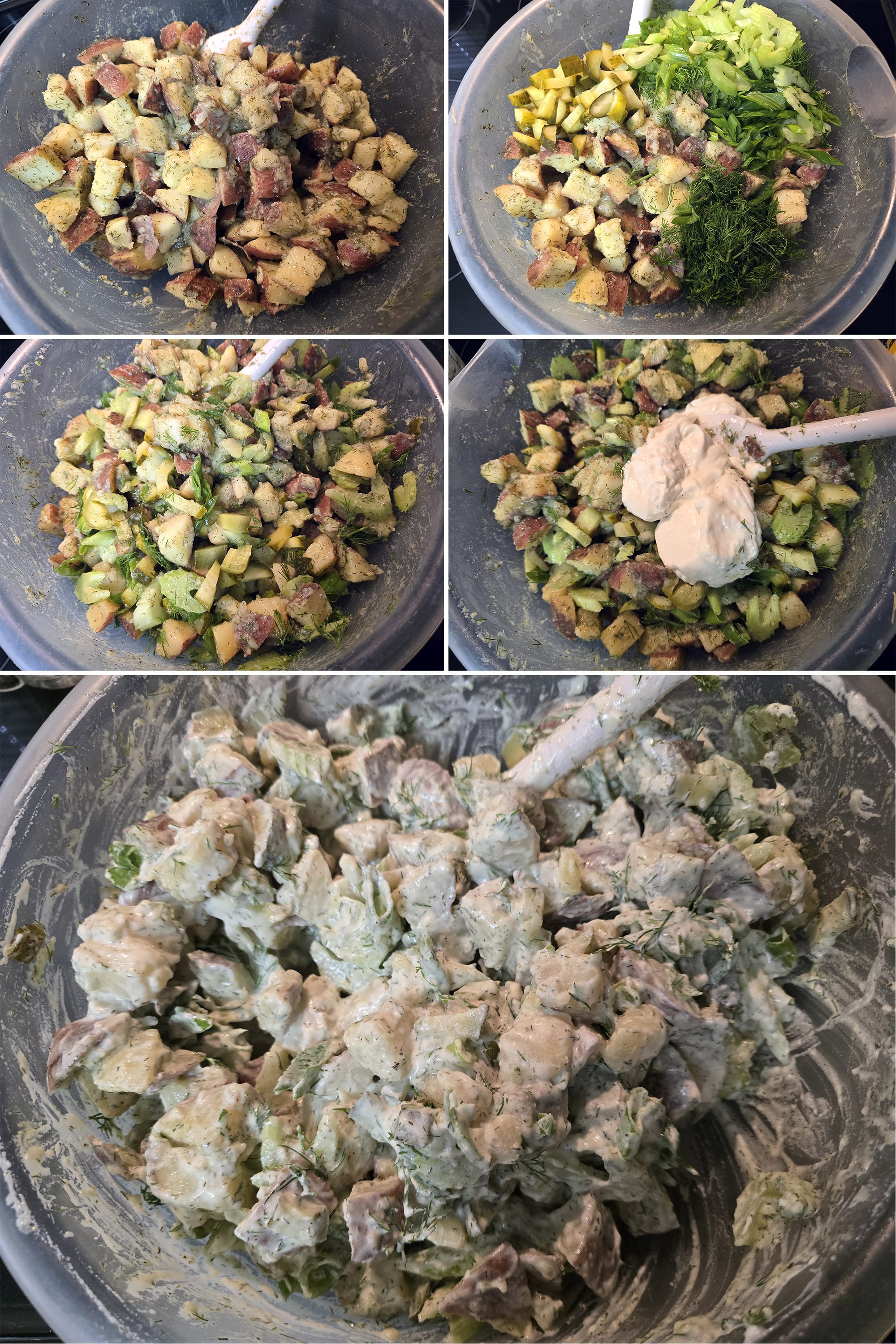 5 part image showing the veggies, dill, and mayonnaise being stirred into the pickle marinated potatoes.