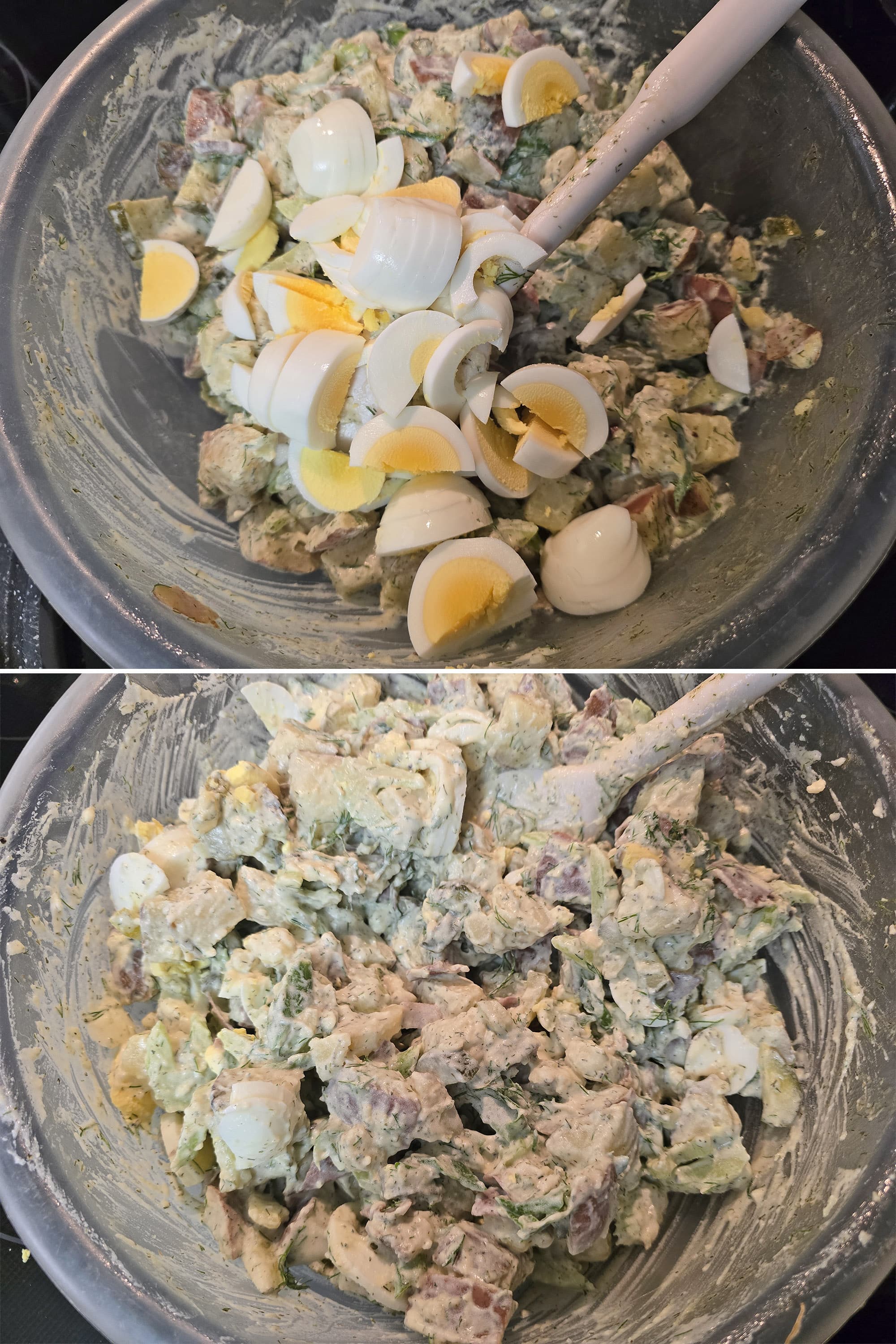 2 part image showing chopped hard boiled eggs being stirred into the pickle potato salad.