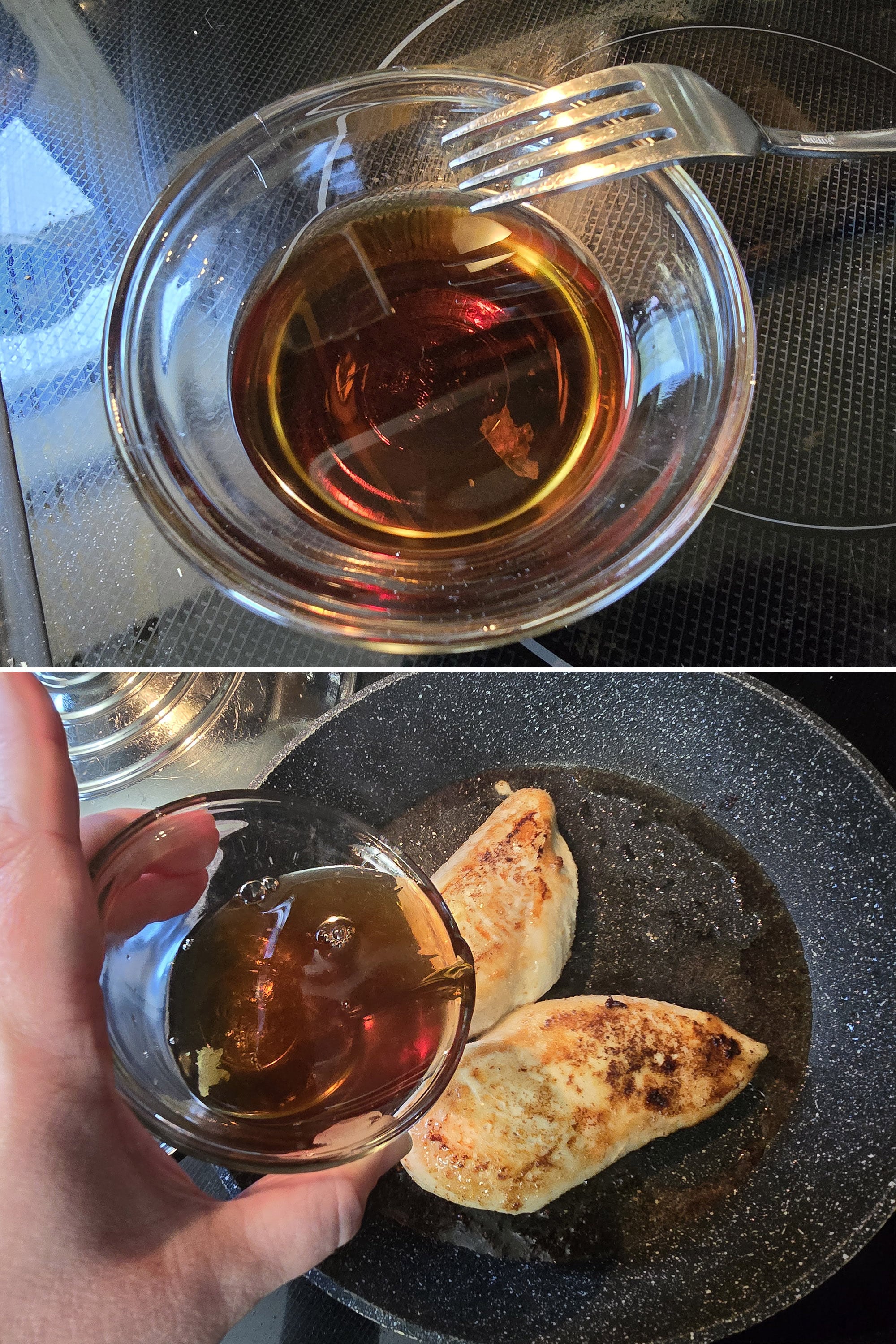 2 part image showing the balsamic glaze mixture being poured into the pan