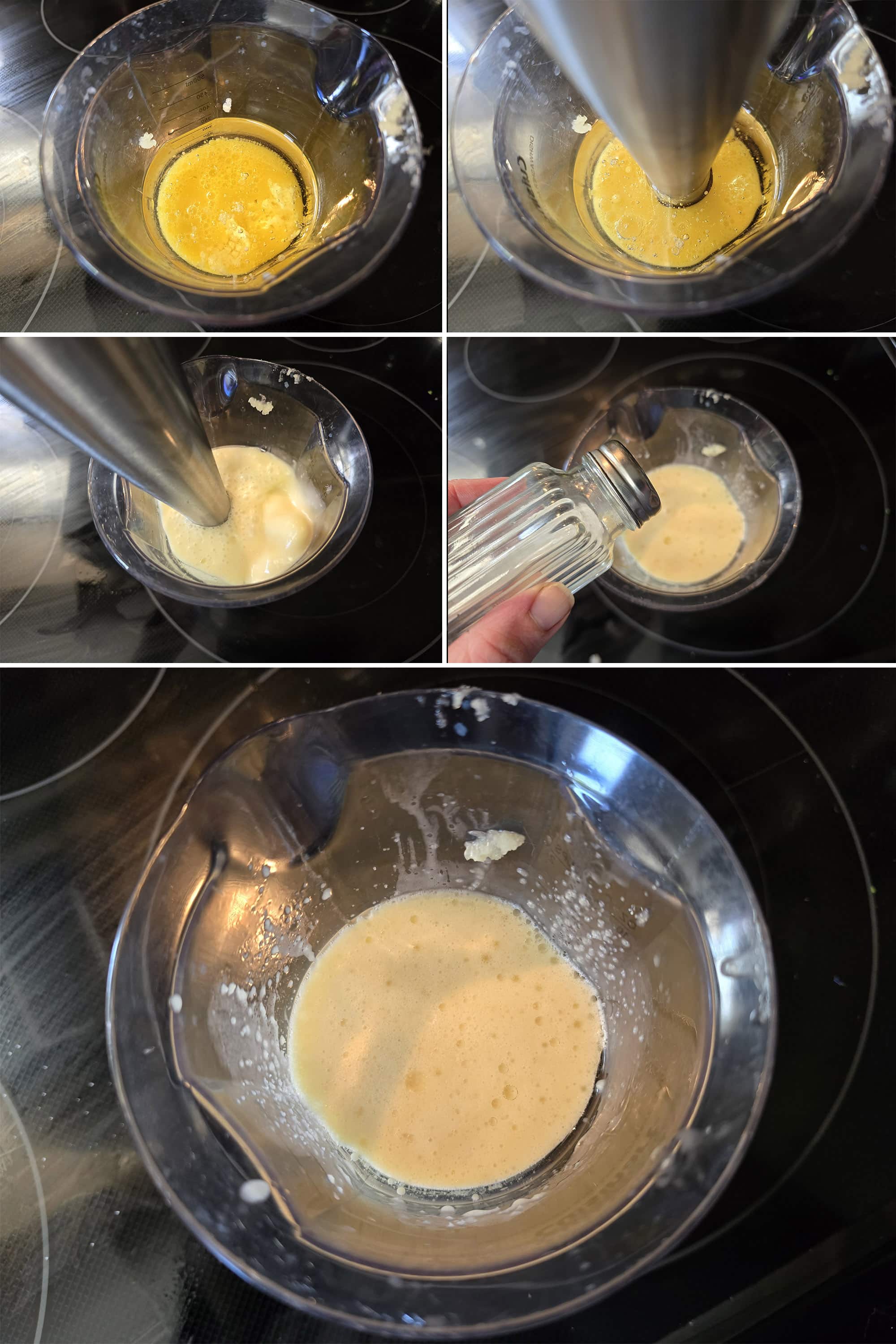 5 part image showing the honey calamansi vinaigrette being blended in a large cup.