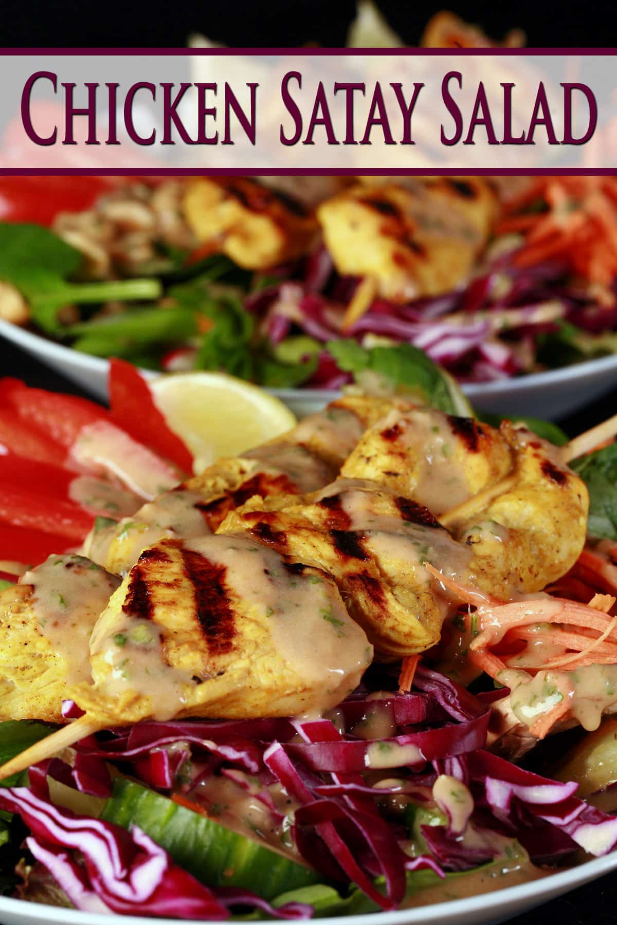 A grilled chicken satay salad drizzled with peanut dressing.