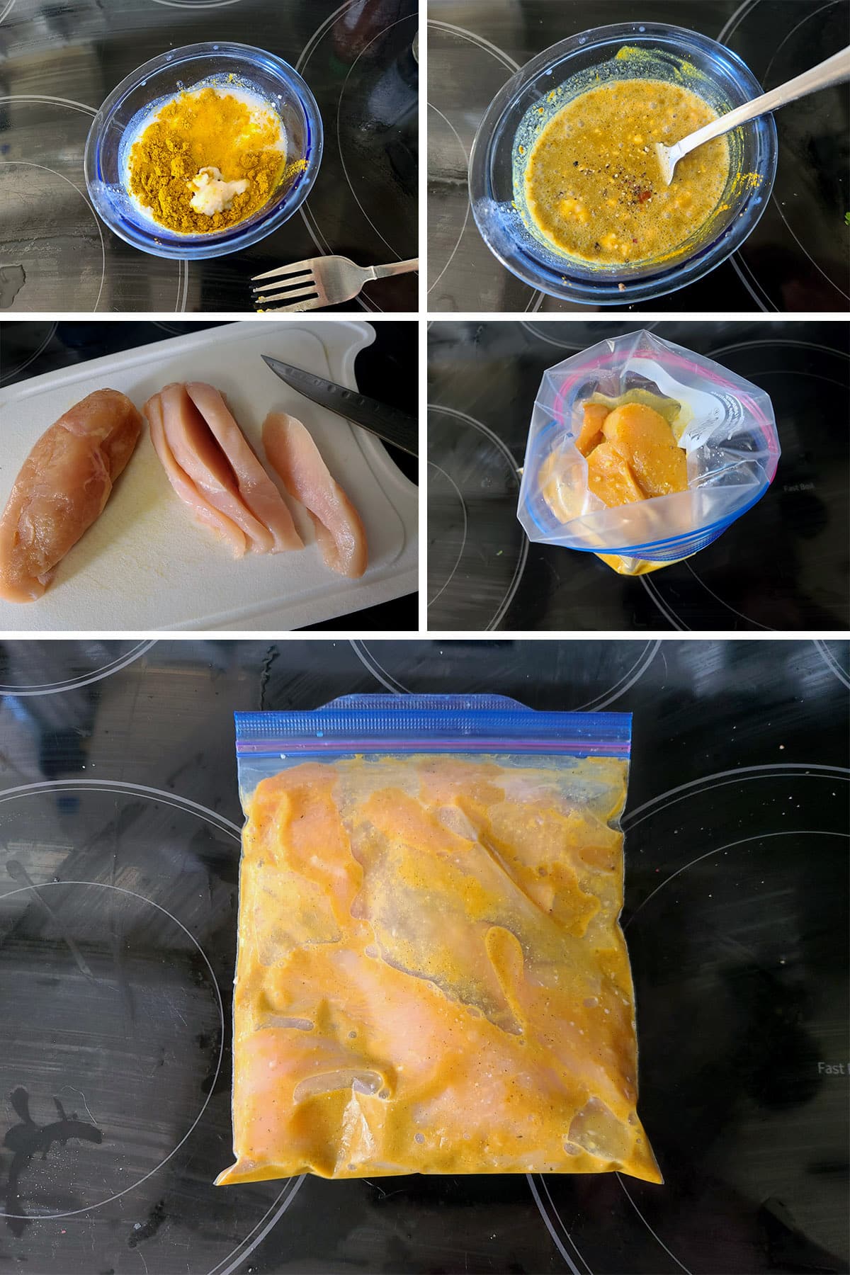 A 5 part image showing the chicken being sliced, the marinade being mixed, and the two combined in a plastic bag.