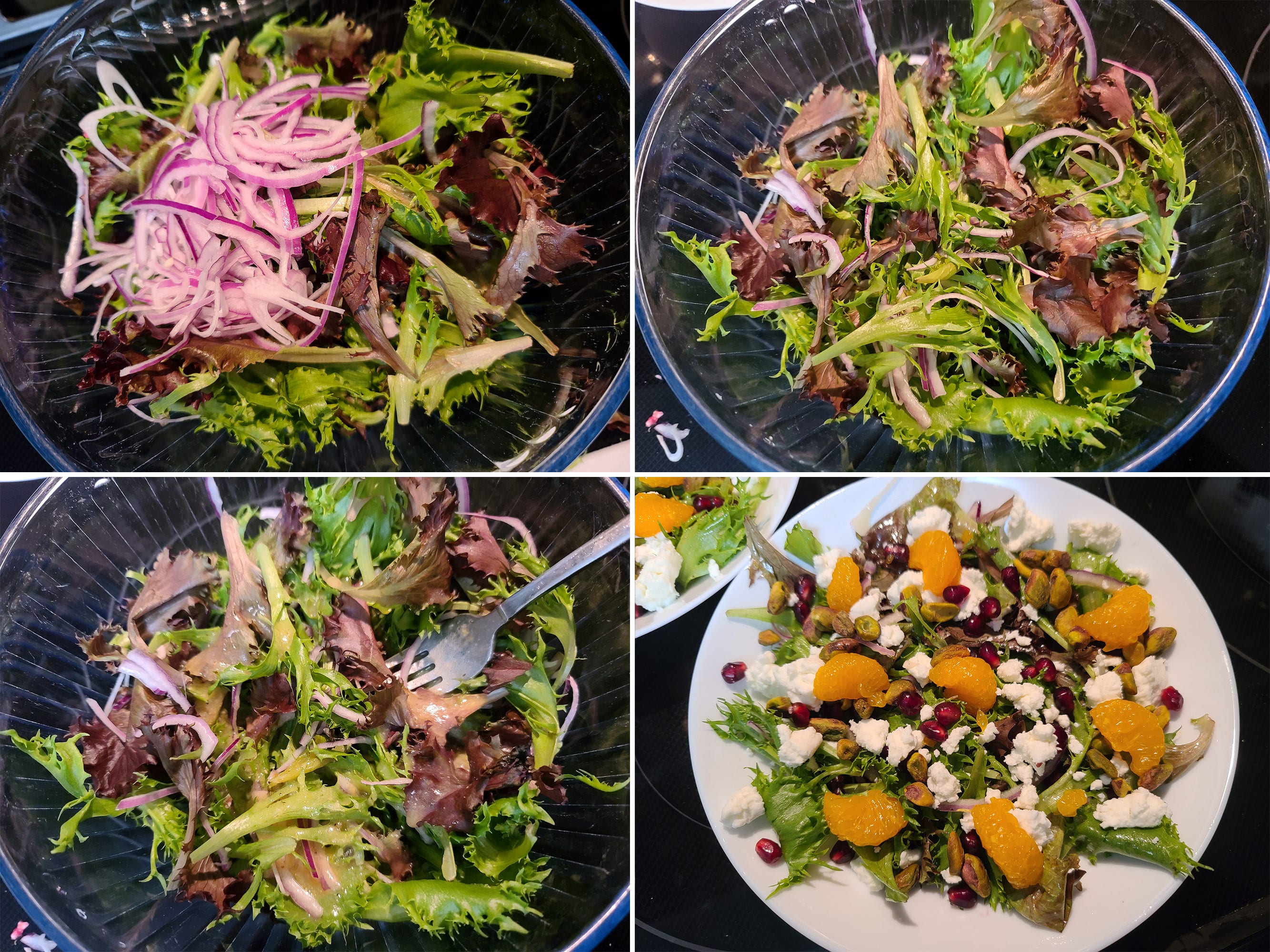 4 part image showing the salad greens being tossed with onions and assembled in a serving bowl.