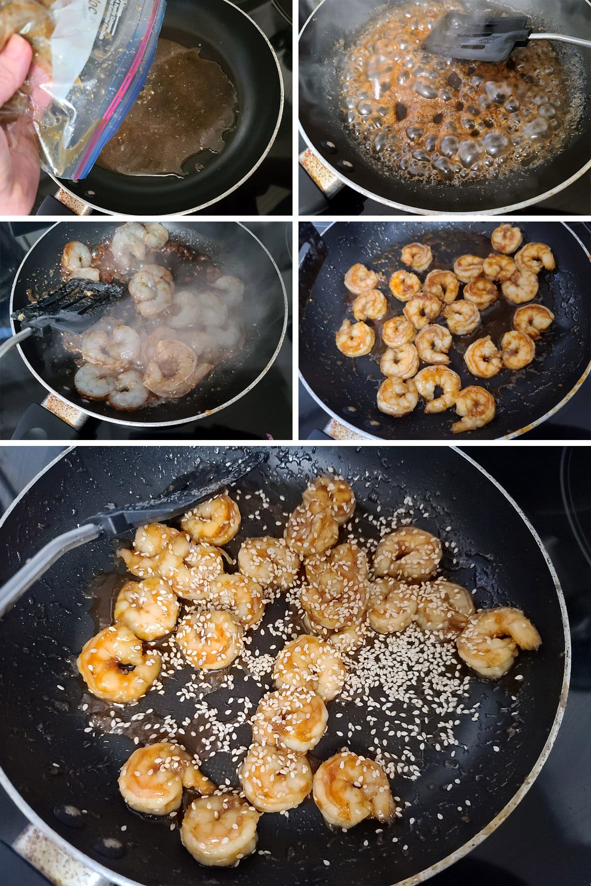 A 5 part image showing the marinade being cooked down, the shrimps added, and the cooked shrimp in a glaze.