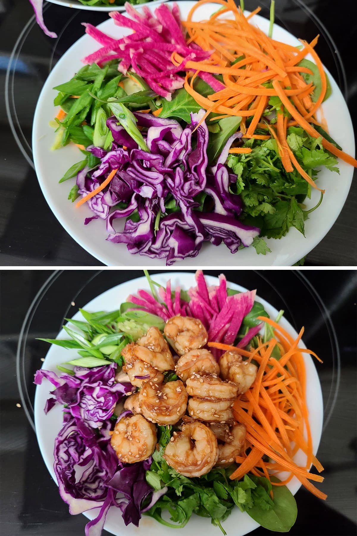 A 2 part image showing the finished base salad, before and after being topped with sesame ginger shrimp.