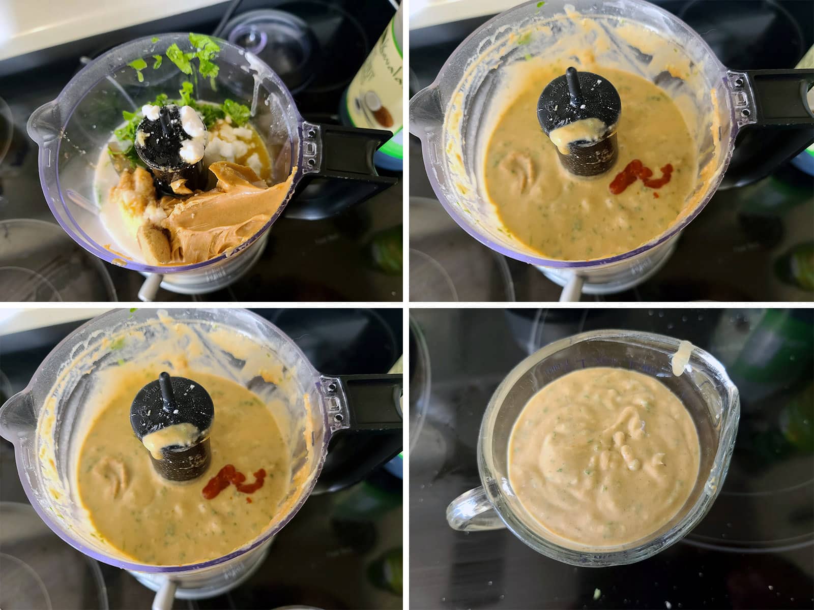 A 4 part image showing the peanut dressing being made.