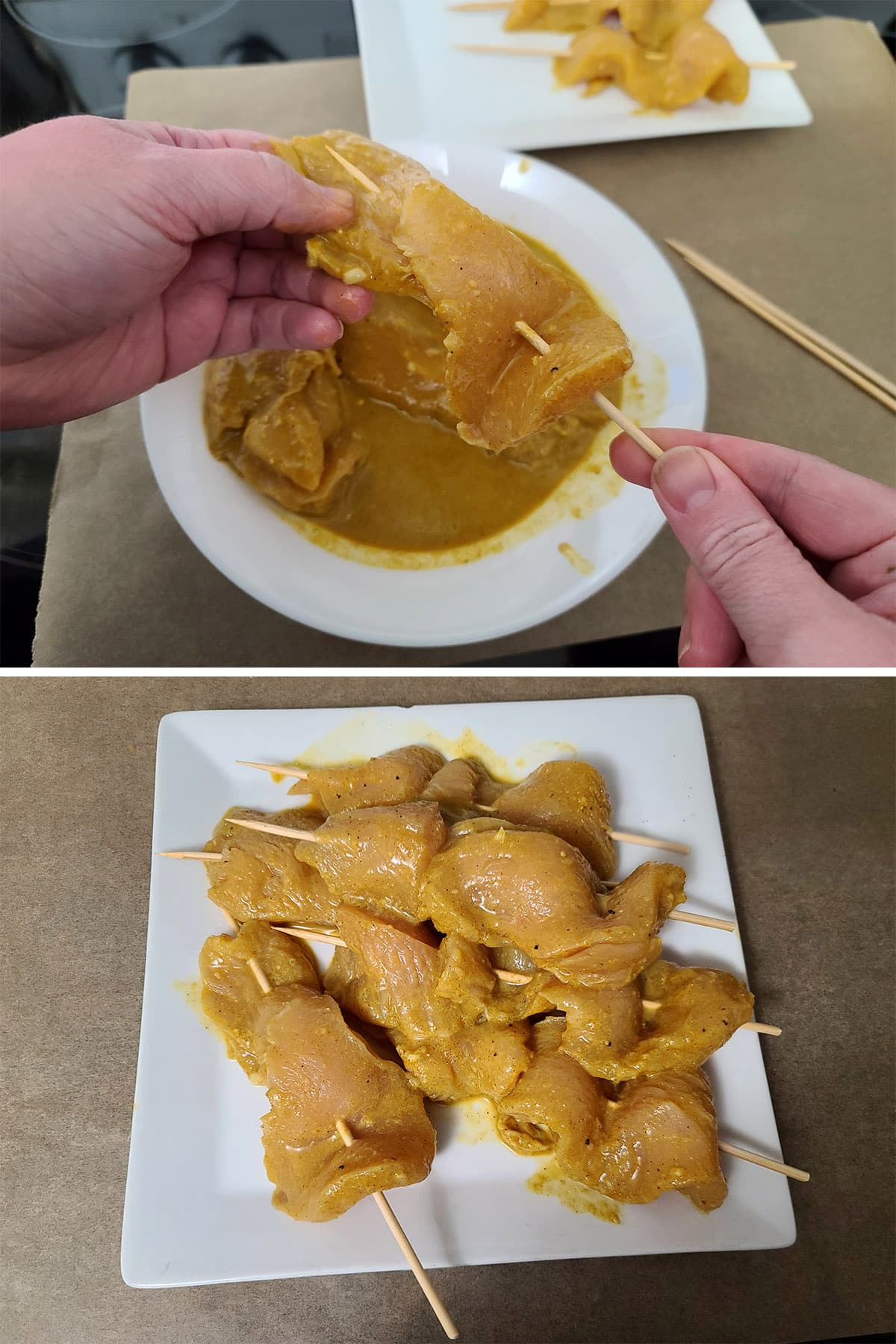 A 2 part image showing the chicken satay being threaded onto skewers.
