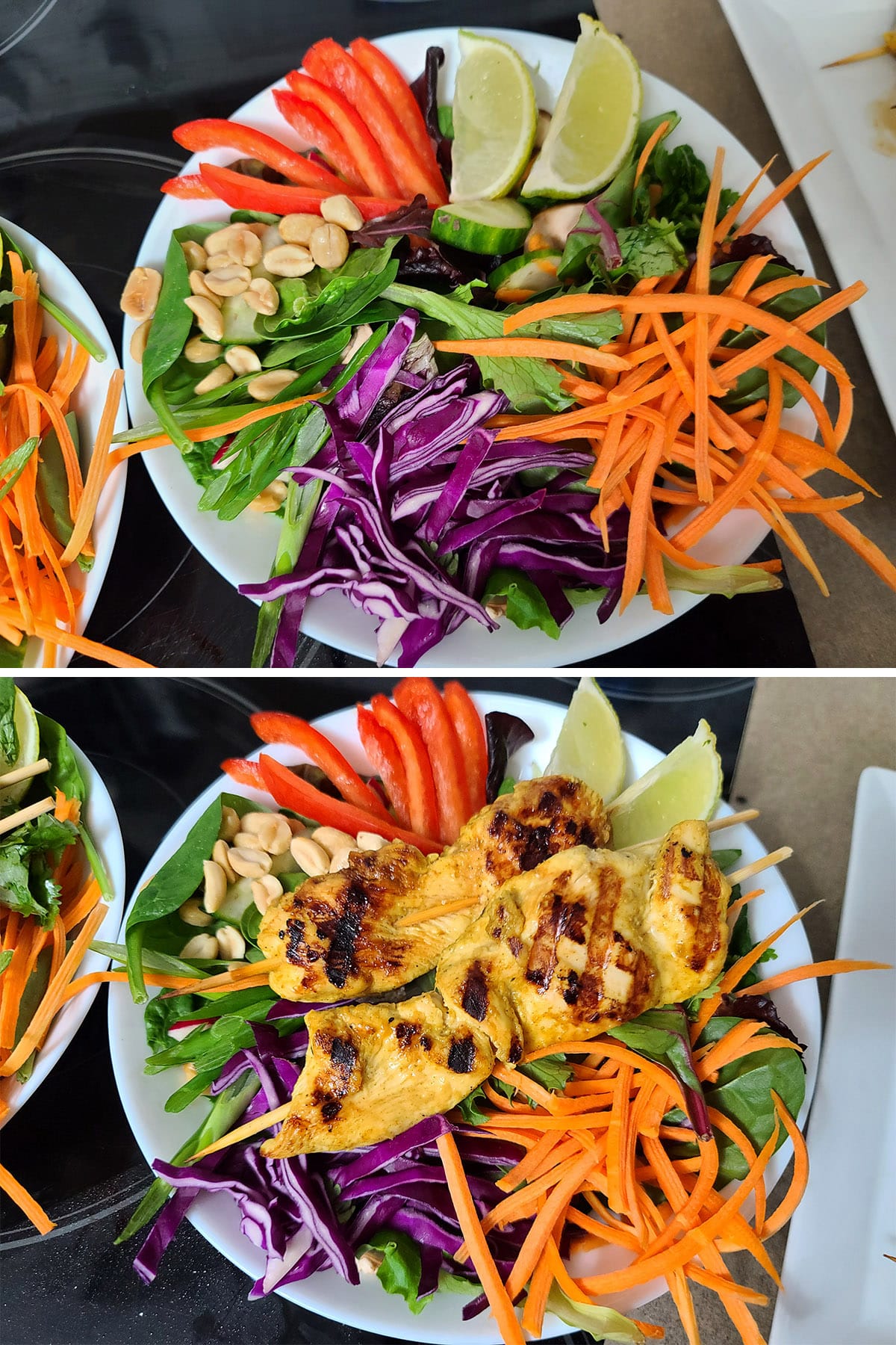A two part image showing the prepared base salad before and after being topped with chicken satay skewers.