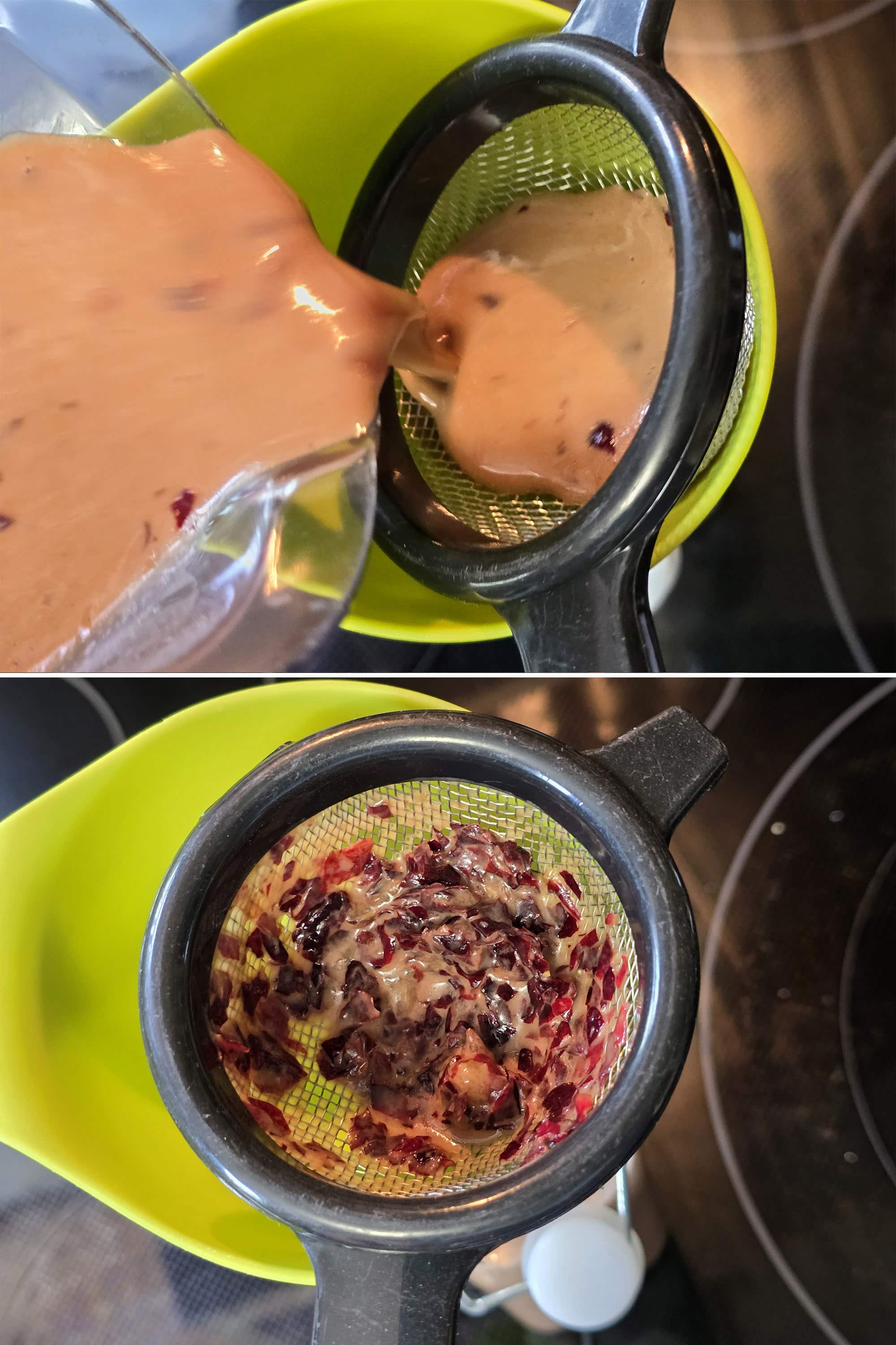 2 part image showing the grape balsamic vinaigrette being strained through a mesh sieve.