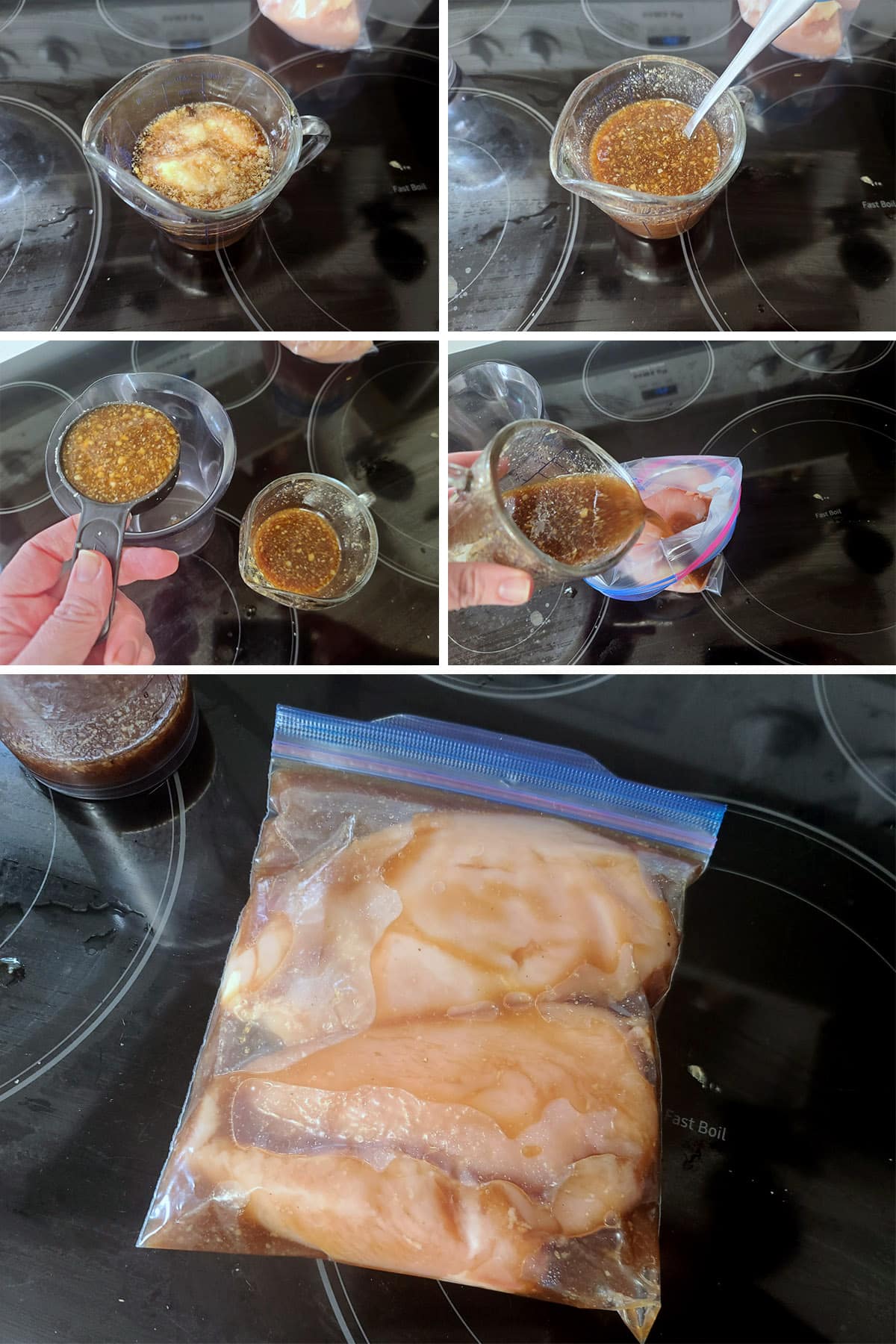 A 5 part image showing the marinade being mixed and the chicken being marinated in a plastic baggie.