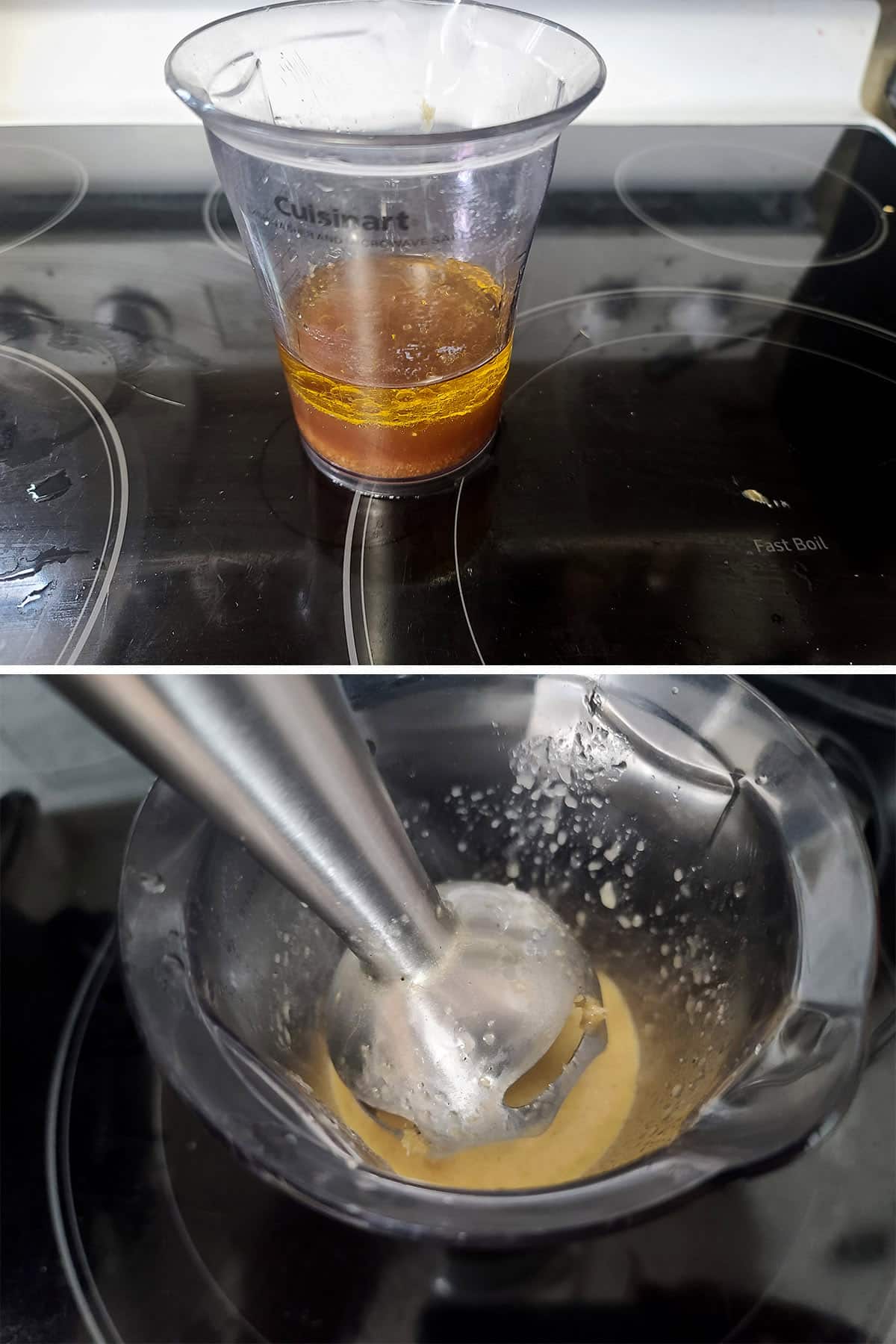 A 2 part image showing the teriyaki dressing being made.